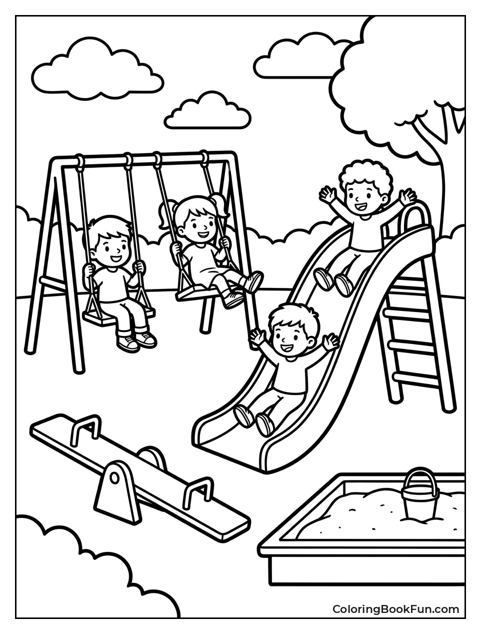 Cartoon Kids Playing on Swings