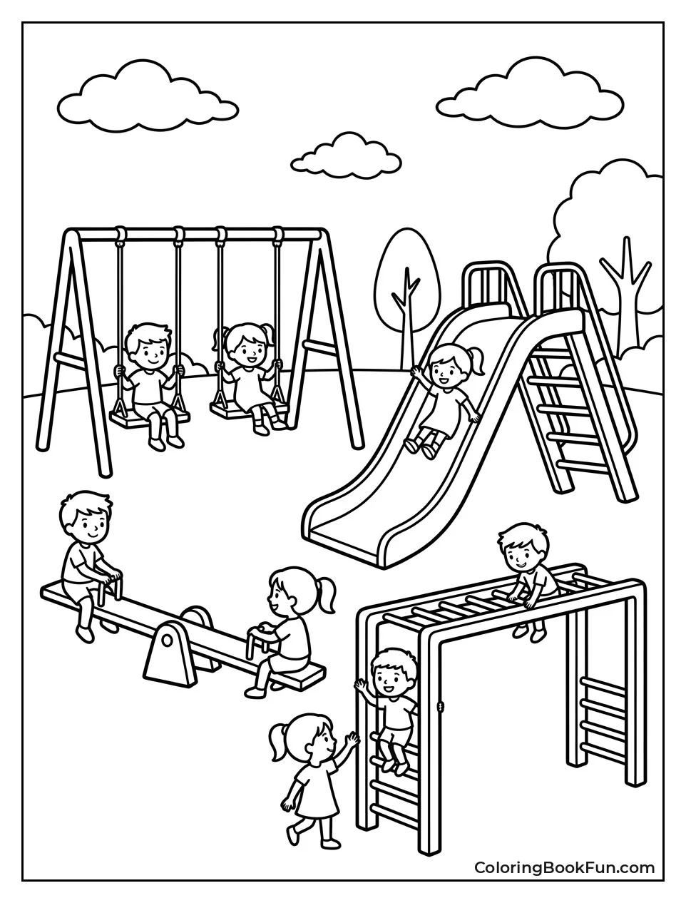 Children Using Many Playground Structures