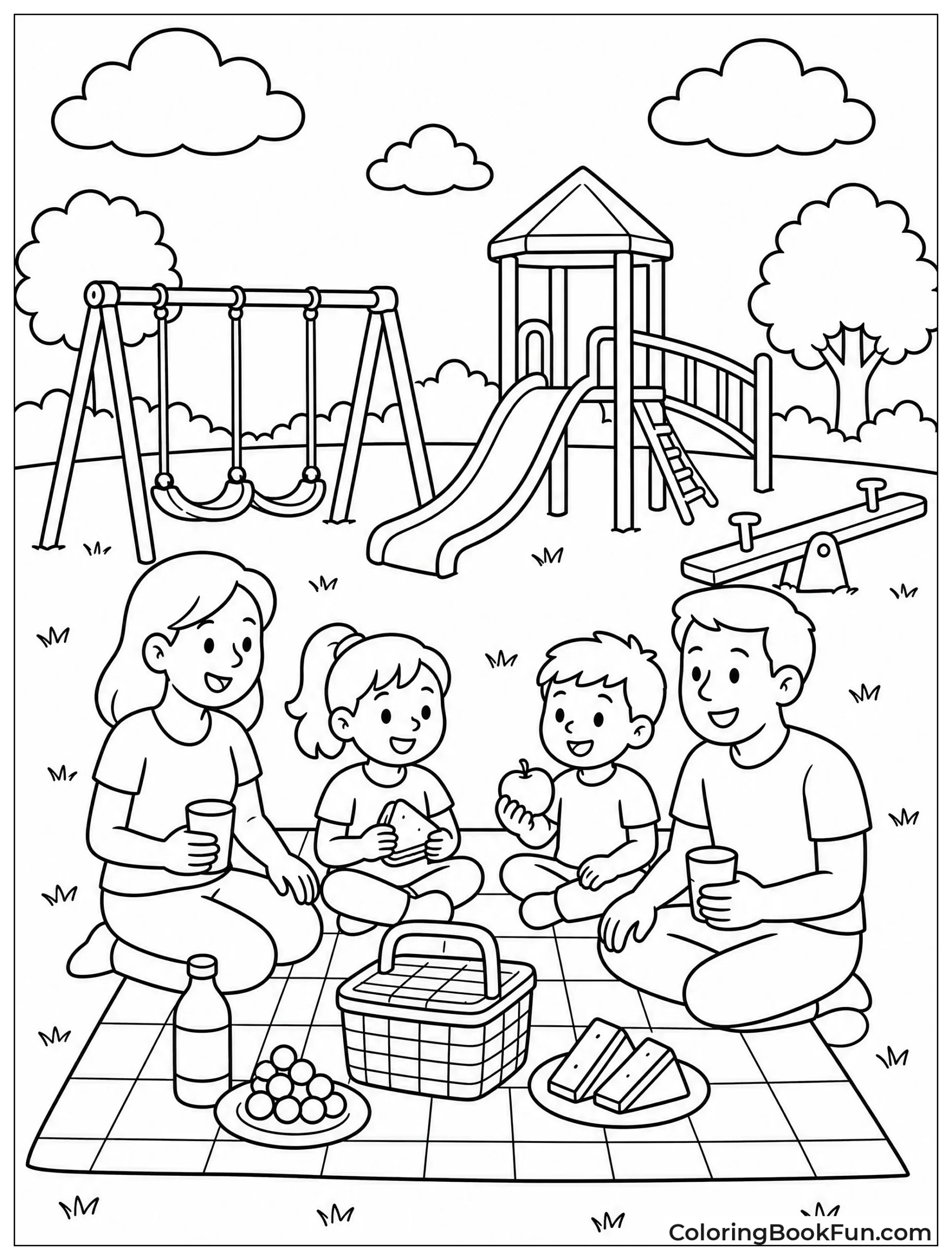 Family Having Picnic Near Swings