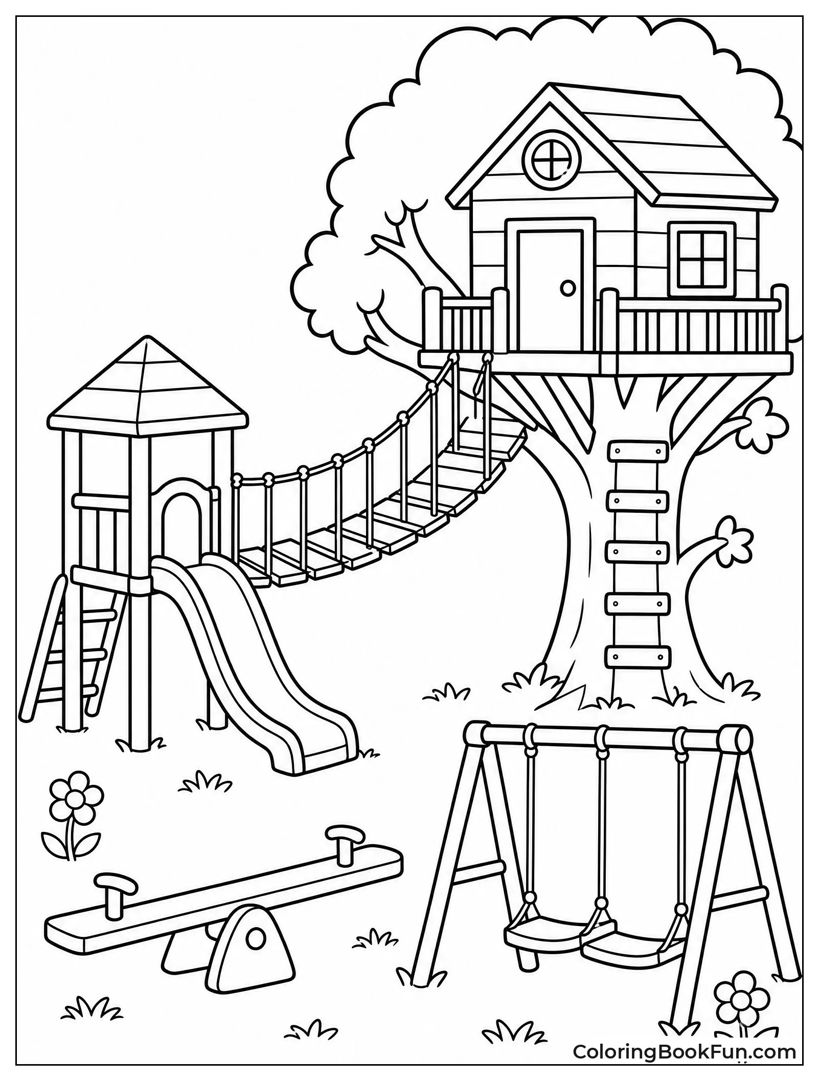 Treehouse Connected by Bridge