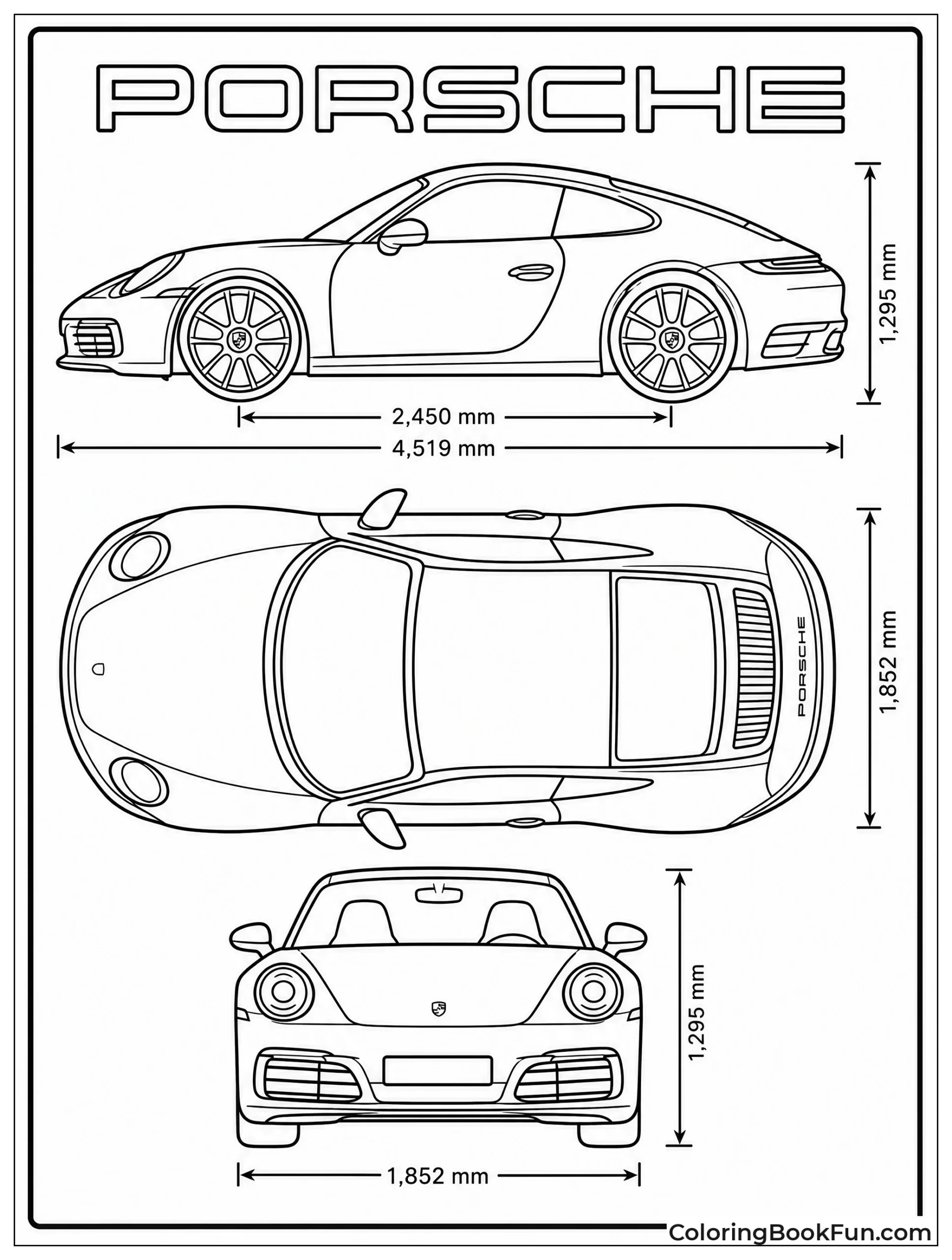 Technical Porsche Blueprint With Measurements