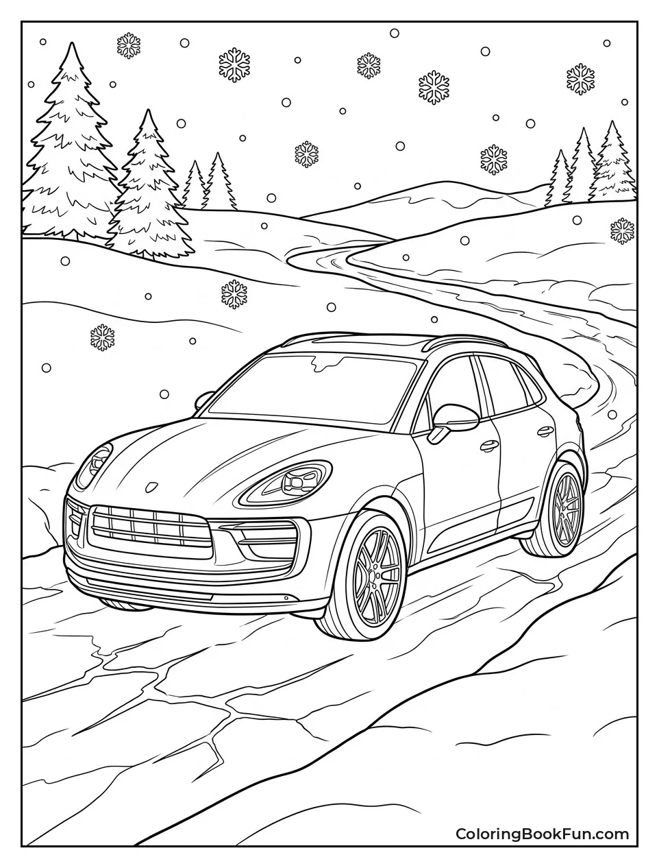 Macan Drives Through Falling Snow