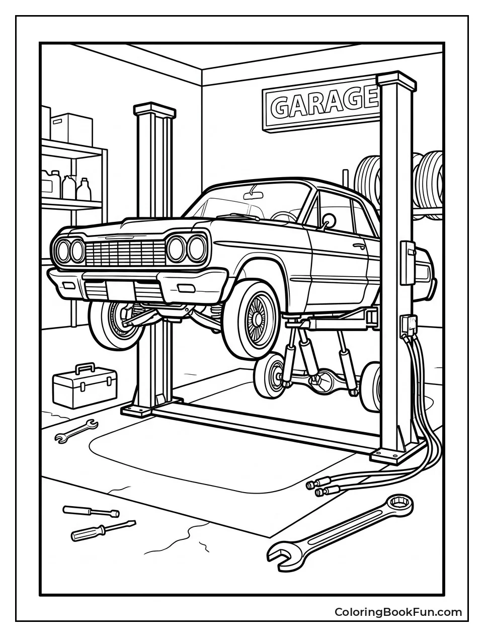 Lowrider Rests on Garage Lift