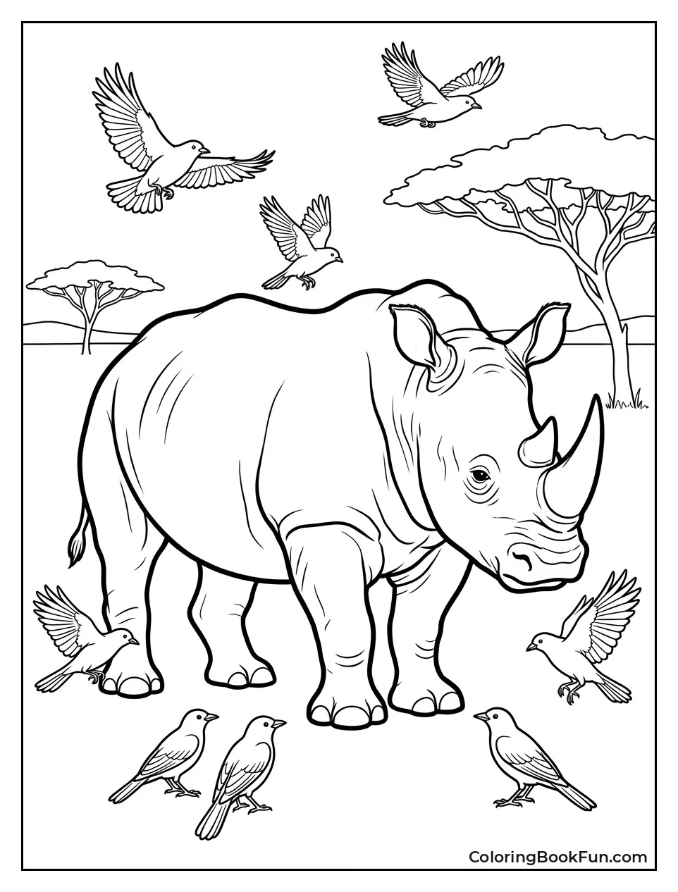 Rhino with African Birds Nearby