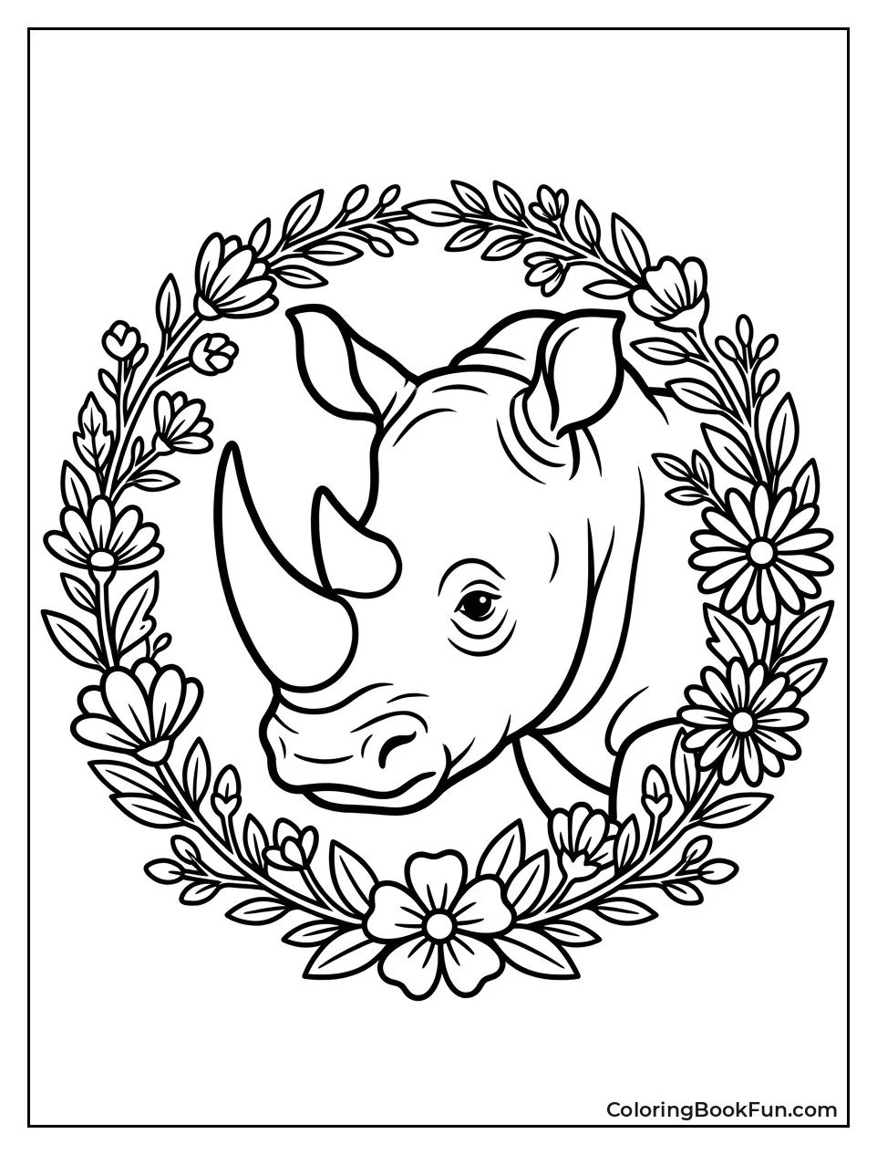 Rhino Head Surrounded by Flowers