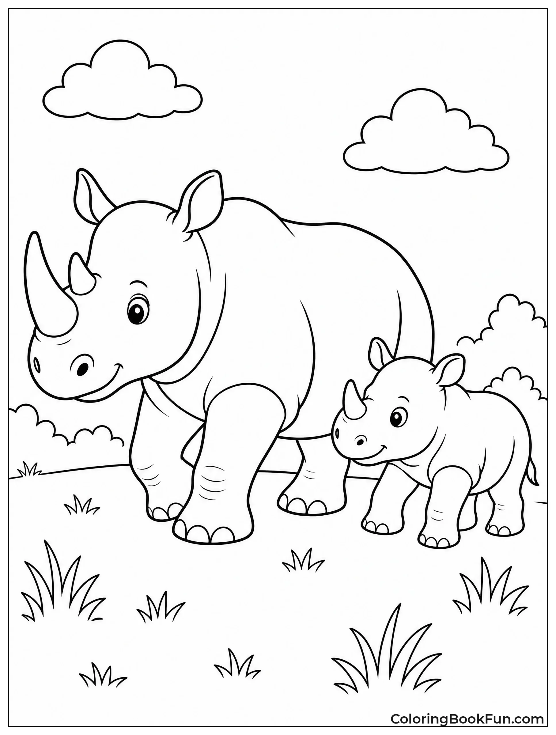 Mother Rhino Walking with Calf