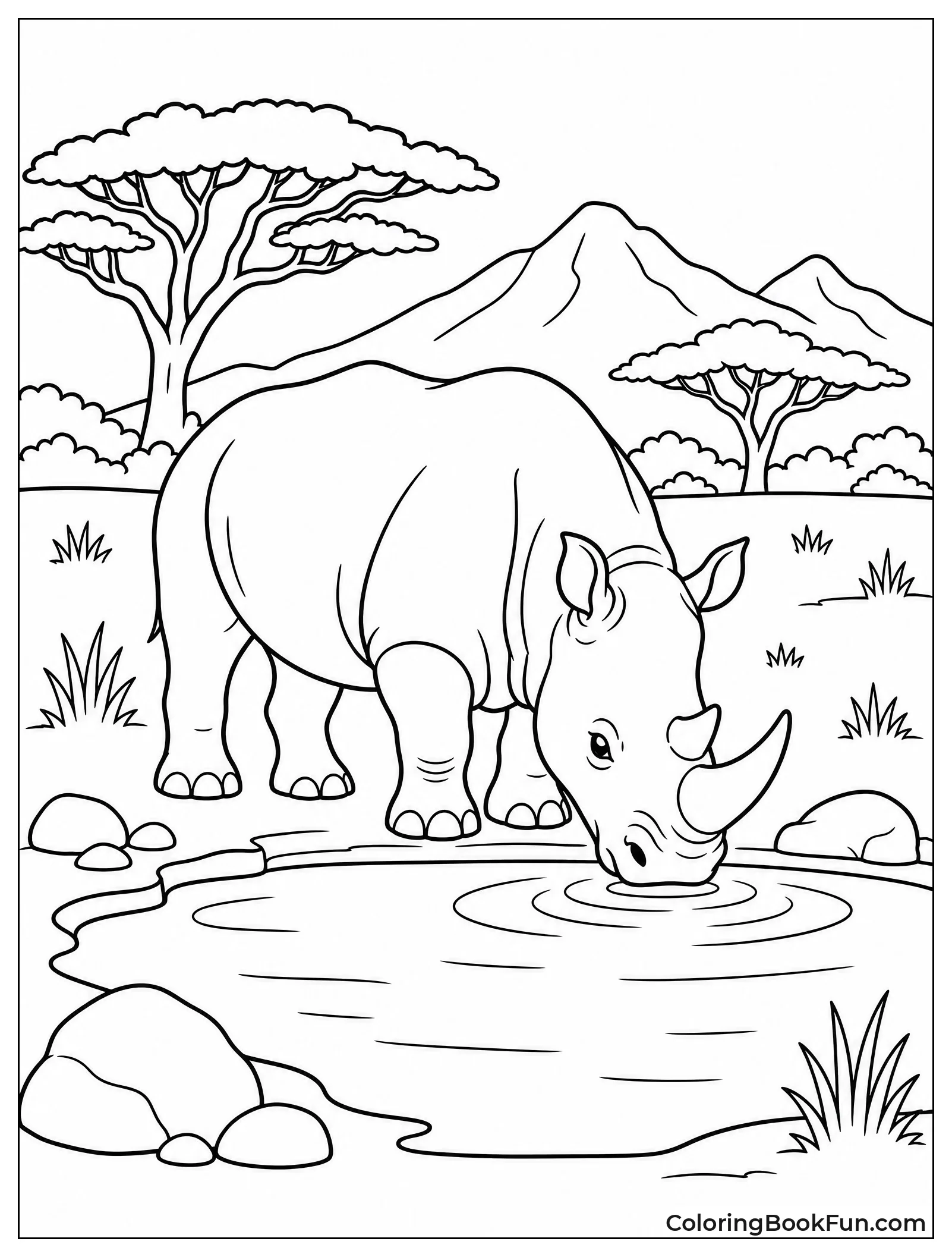 Rhino Drinking at Watering Hole