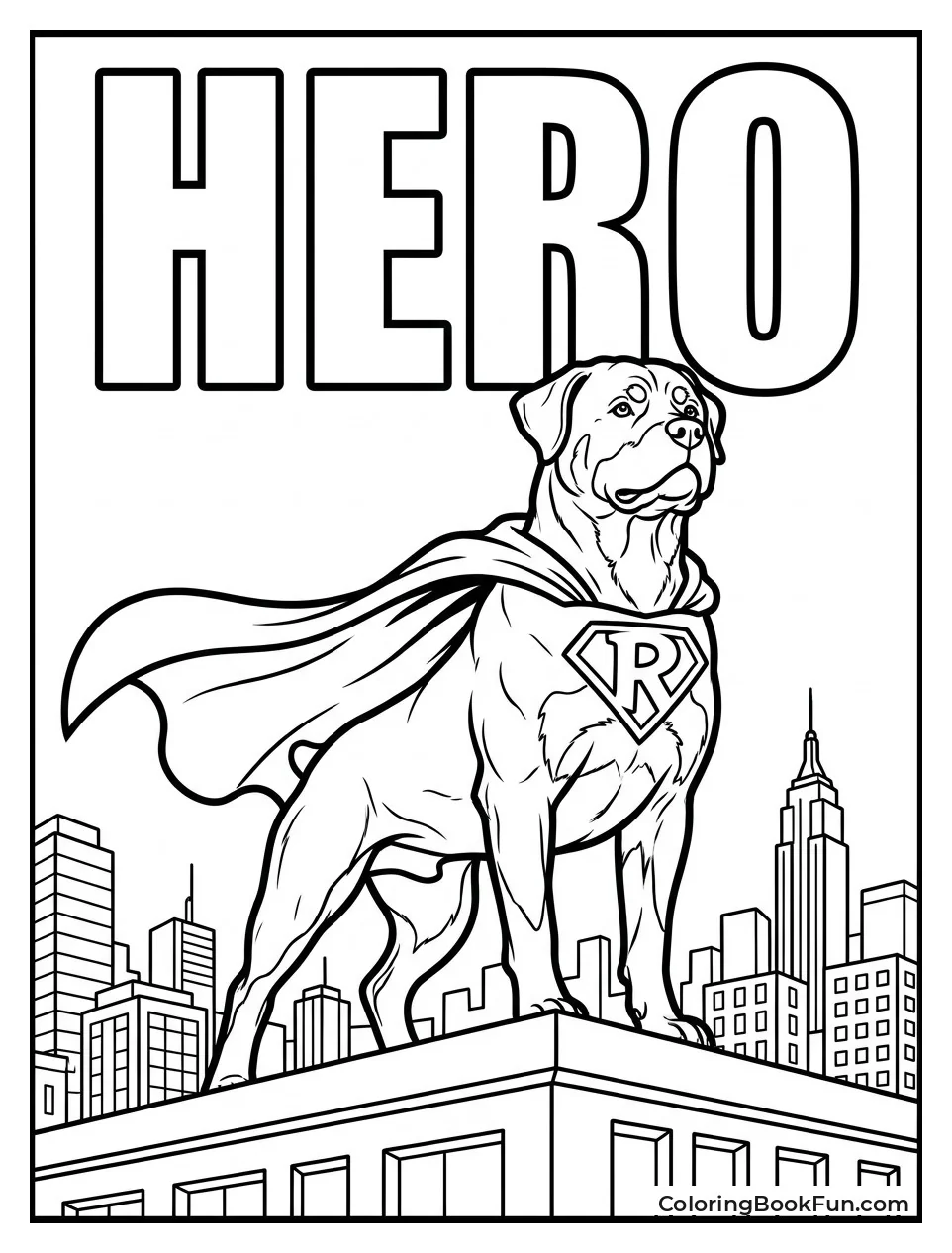 Superhero Rottweiler in Cape Standing Heroically