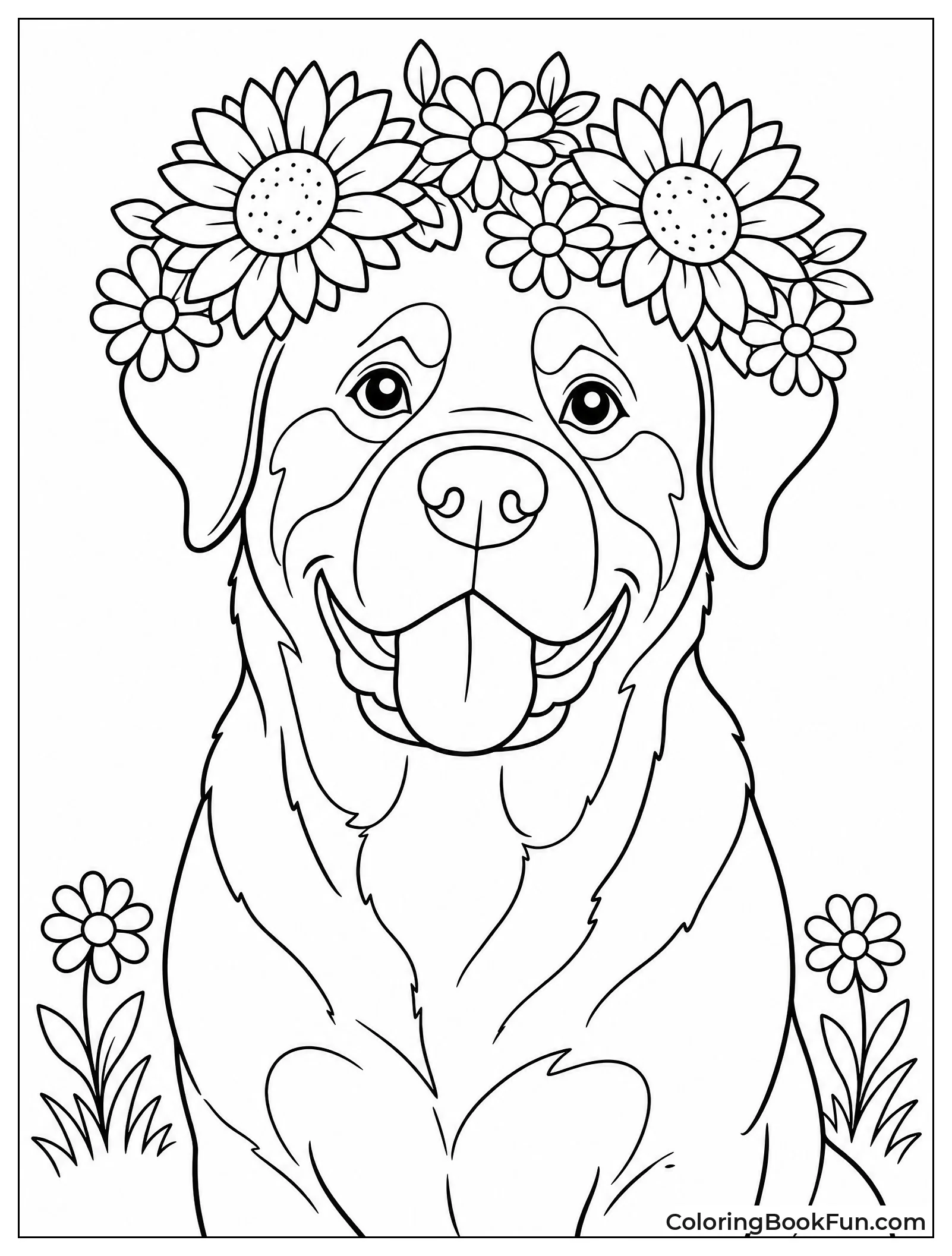 Rottweiler Wearing Flower Crown of Sunflowers