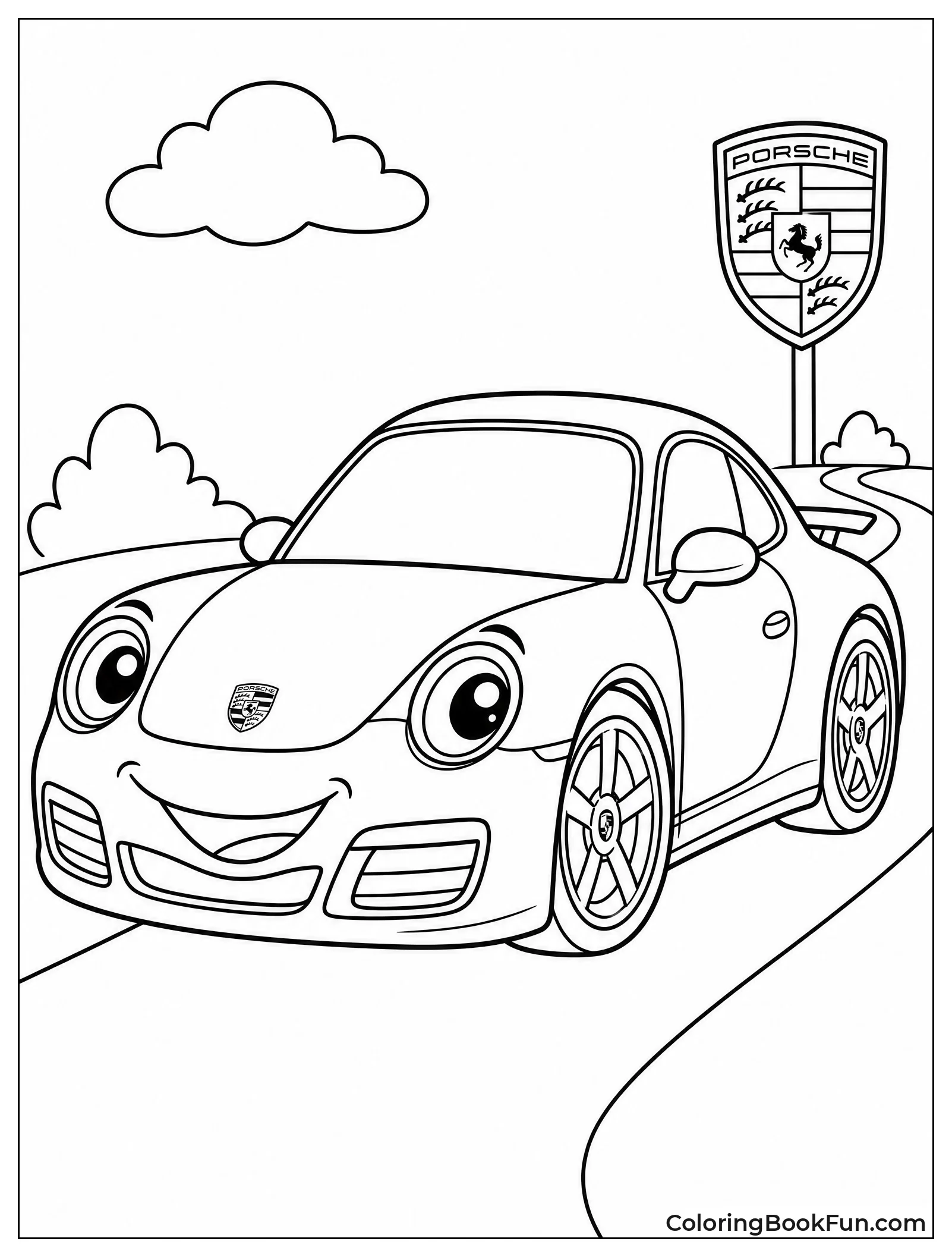 Smiling Cartoon Porsche Drives Happily