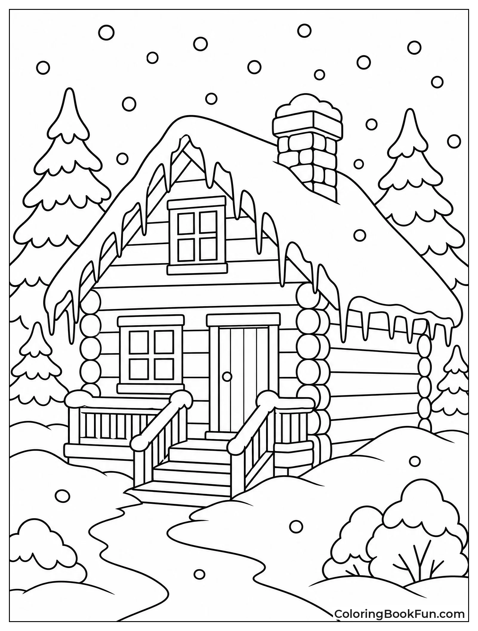 Snowflakes Falling on Wooden Cabin