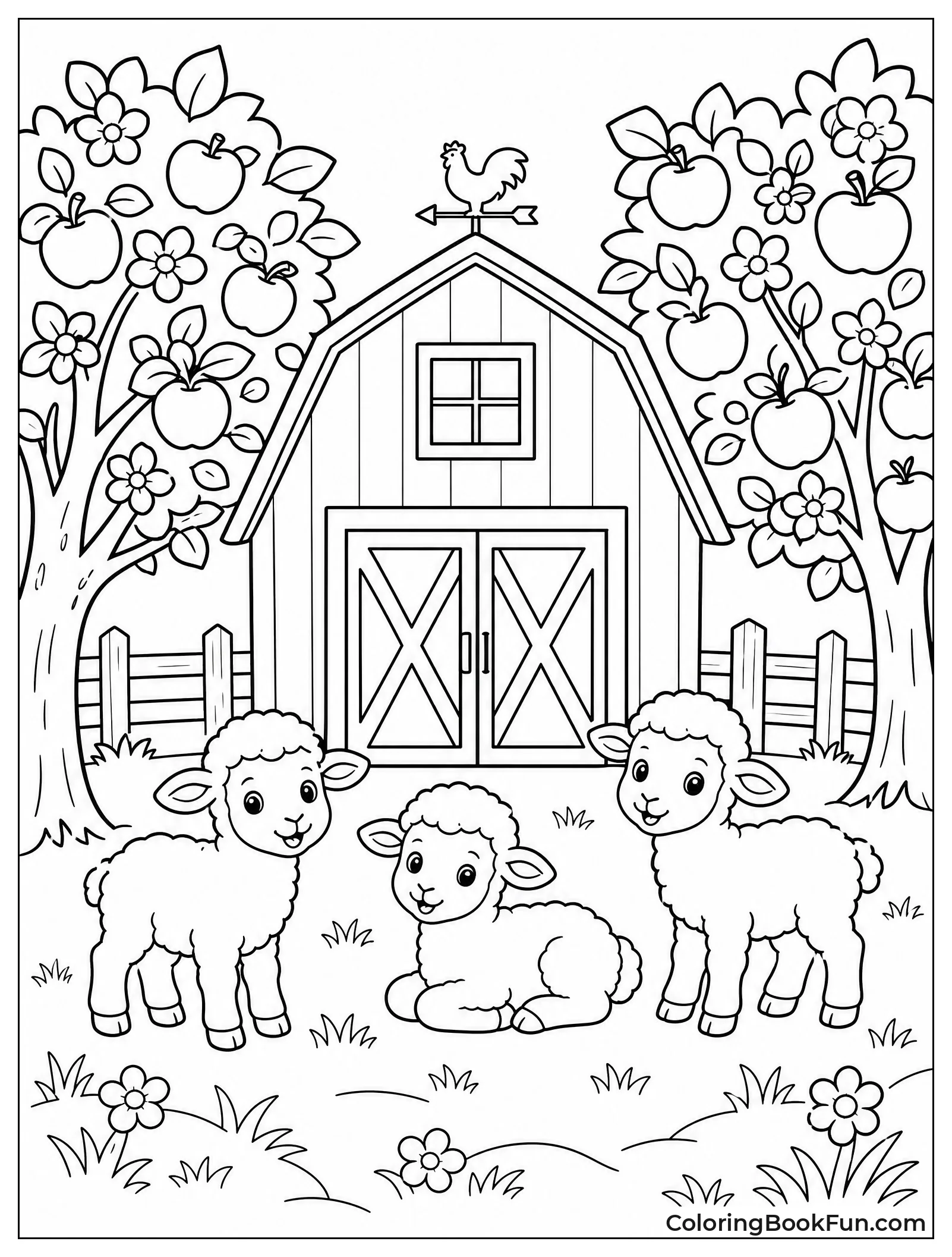 Spring Barn with Blooming Trees