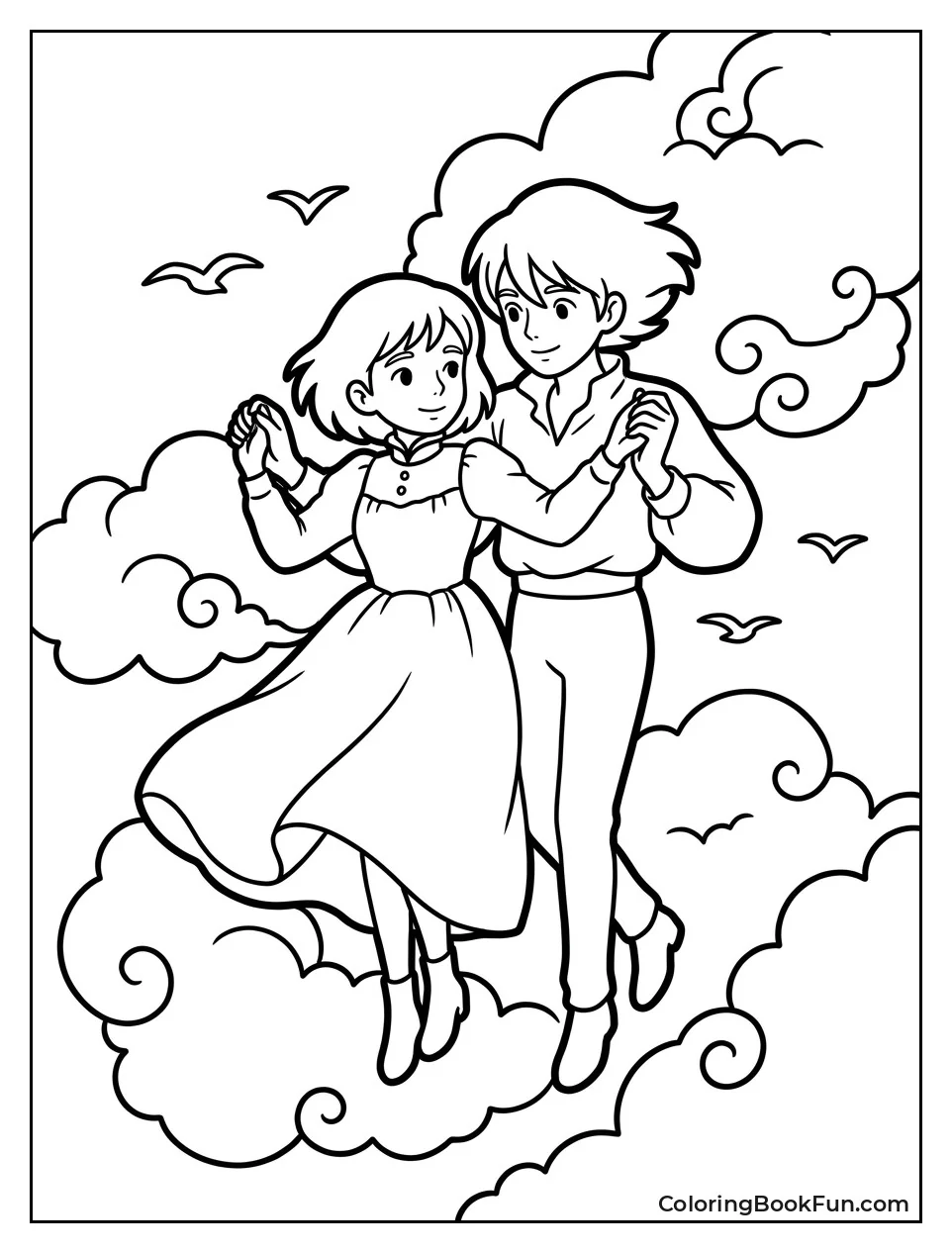 Howl and Sophie Dancing Above Clouds