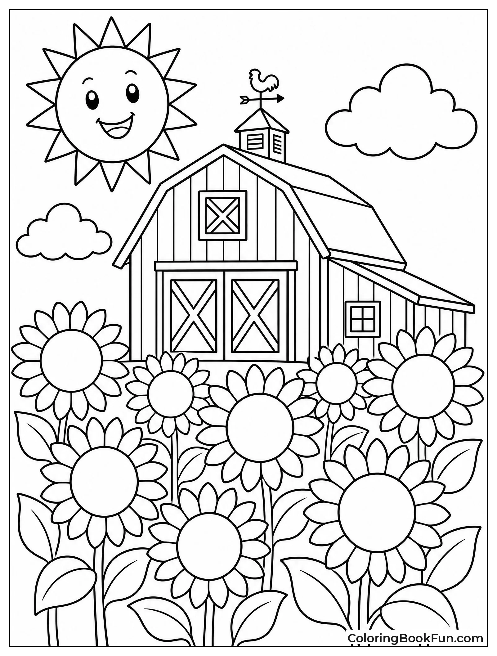 Summer Barn in Sunflower Field