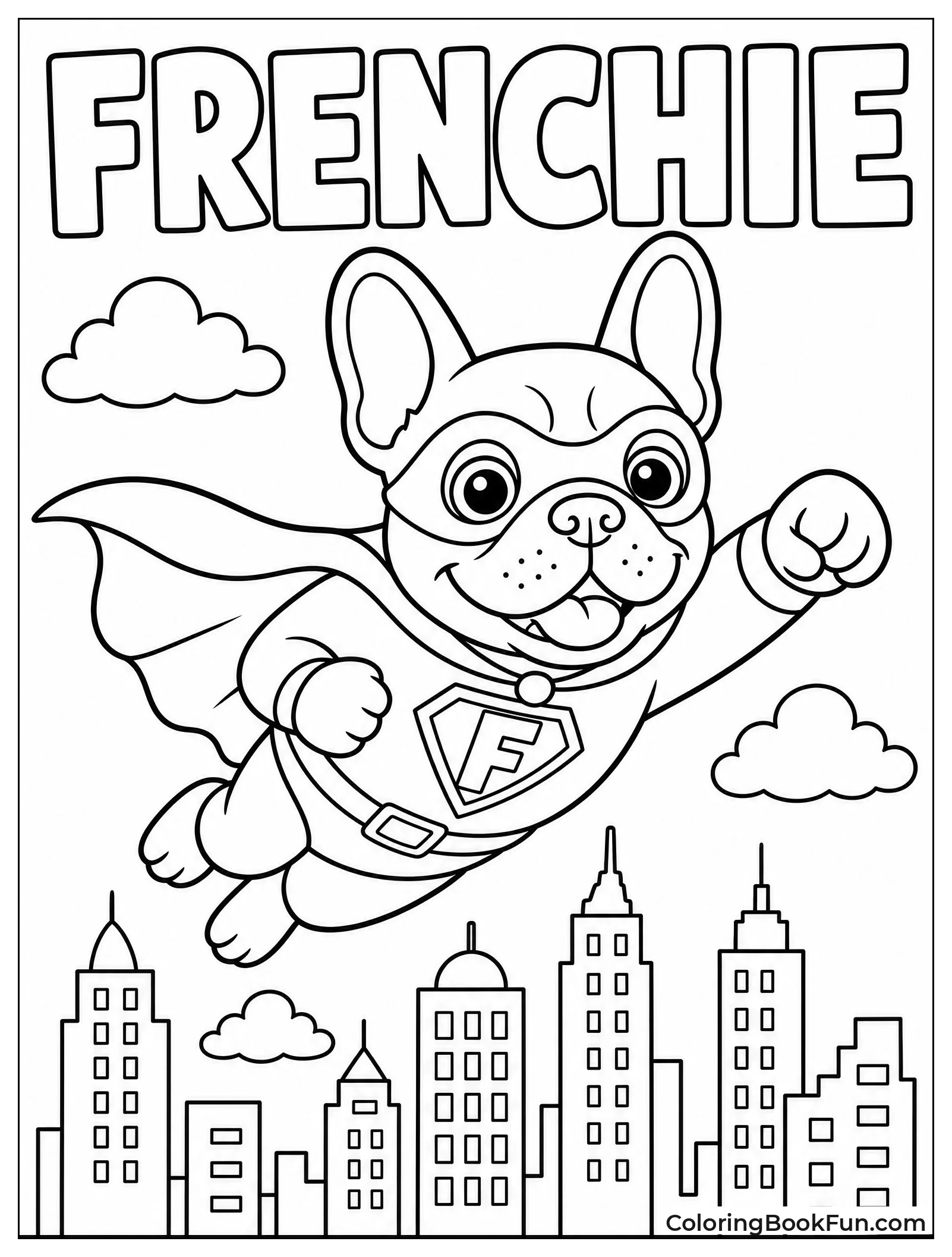 Superhero Frenchie Flies over City