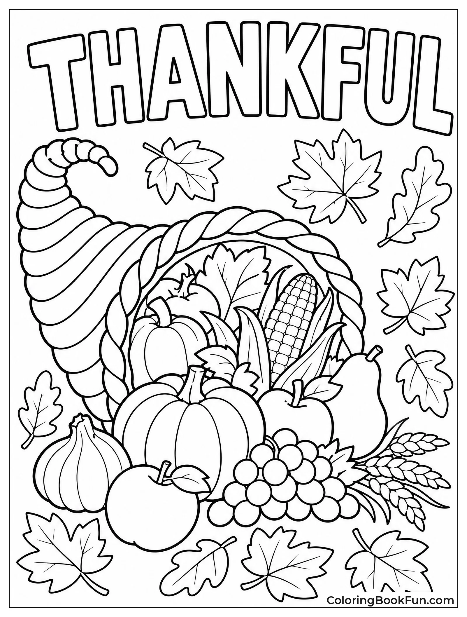 Cornucopia and Word Thankful in Leaves