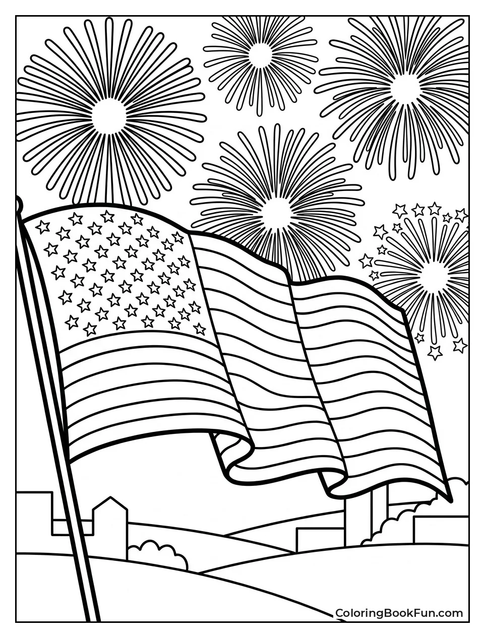 Fireworks Bursting over Waving Flag