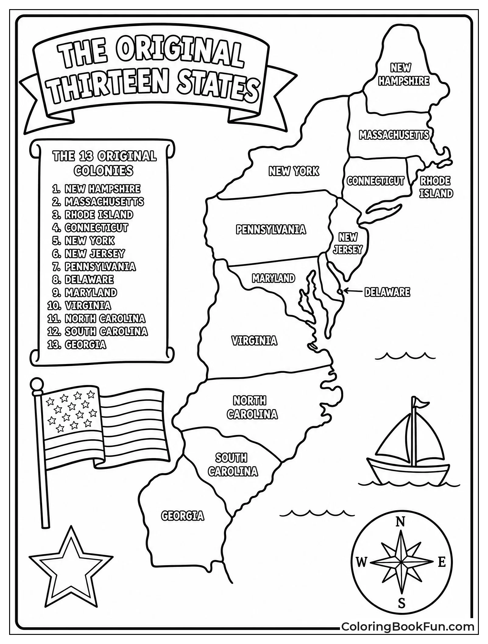 Map Showing Thirteen Original Colonies