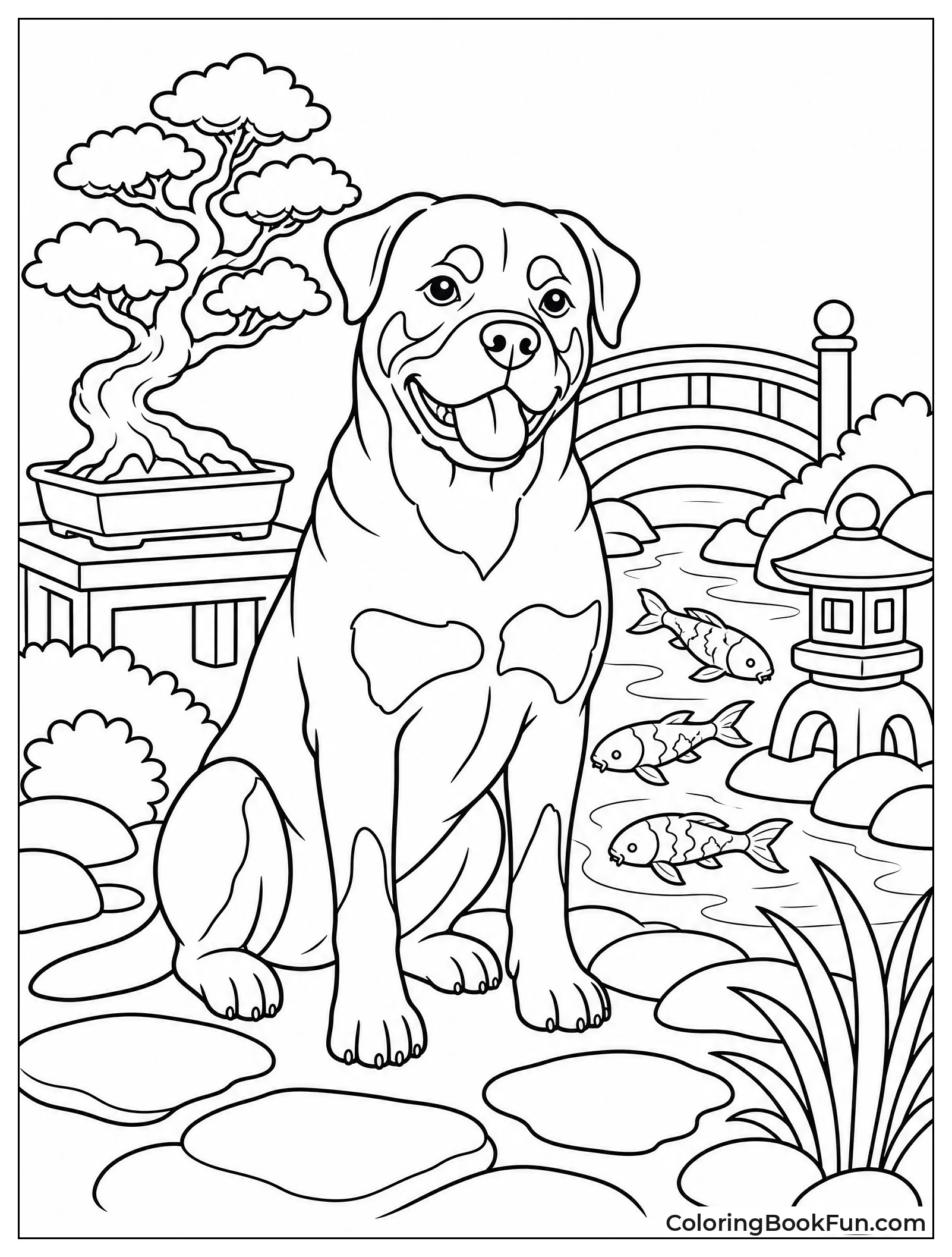 Rottweiler Sitting Peacefully in Zen Garden