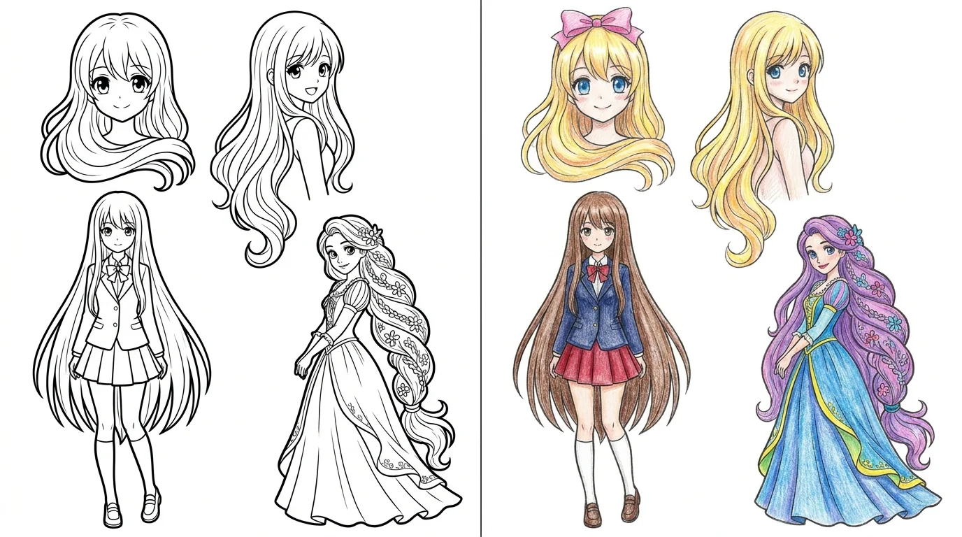 44 Long Hair Anime Girl Coloring Pages (Free PDFs)