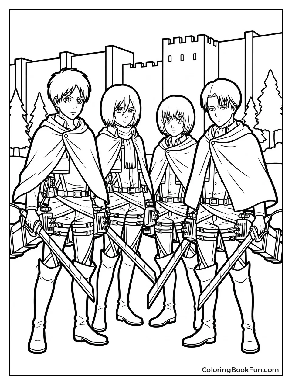 Eren Mikasa Armin and Levi Standing