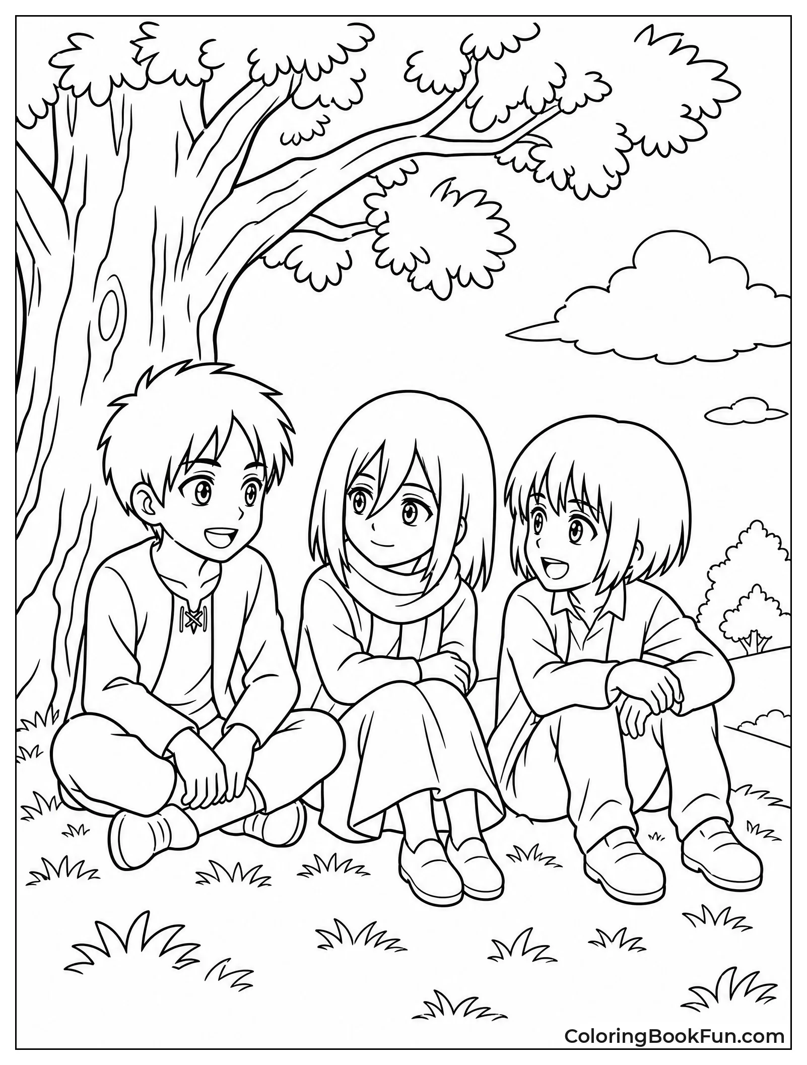 Young Trio Sitting Under Tree