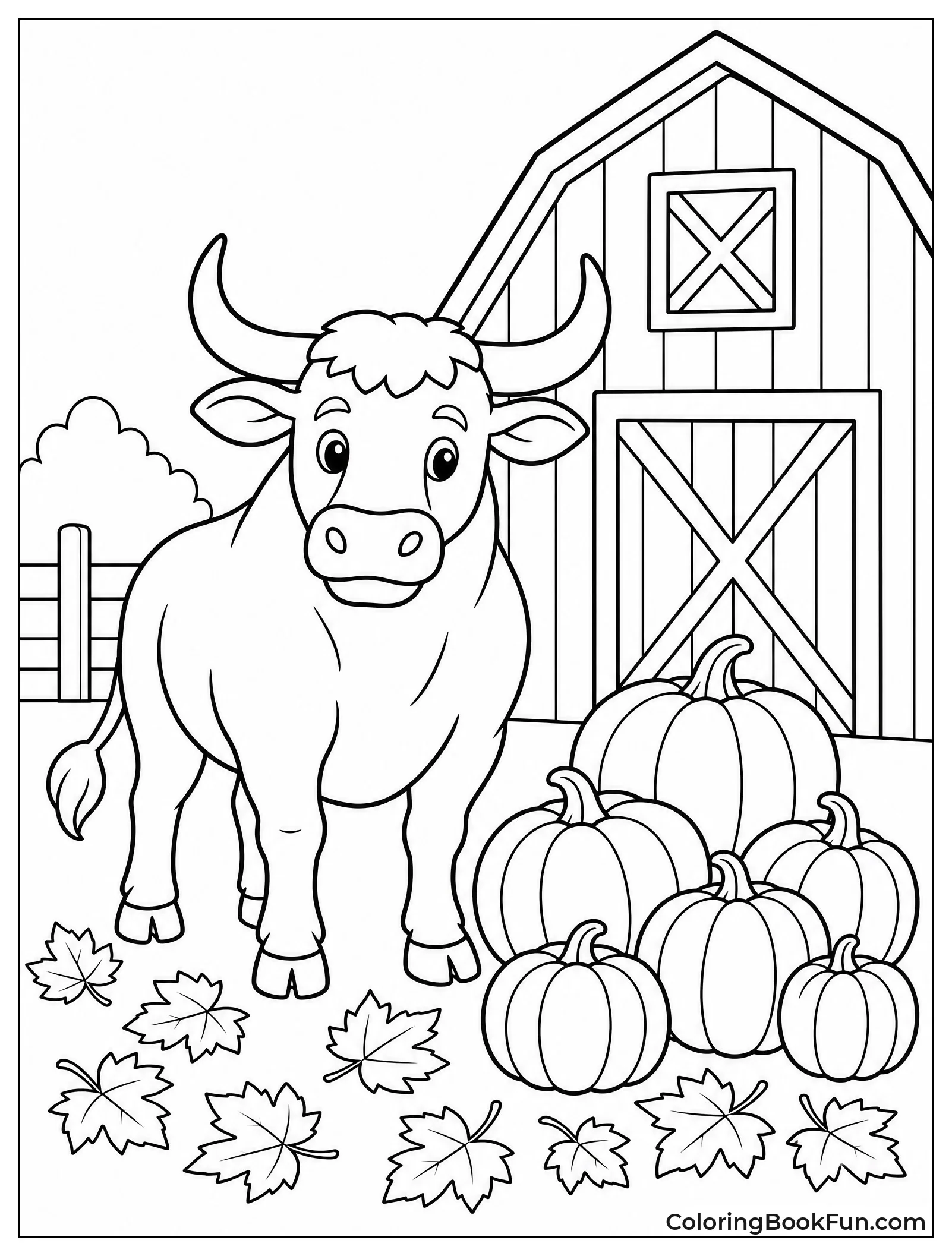 Bull Next to Autumn Pumpkins