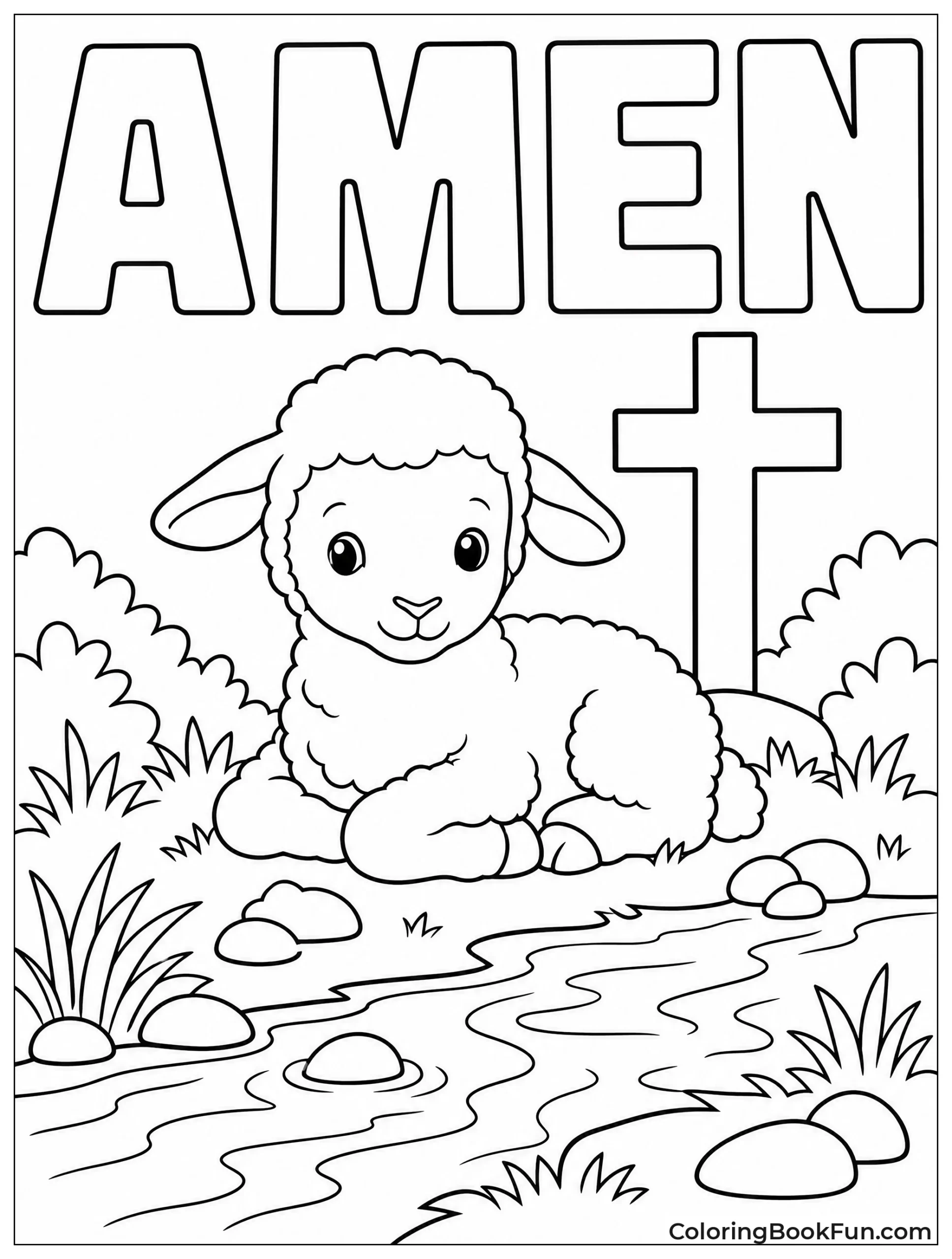 Lamb Resting by Stream