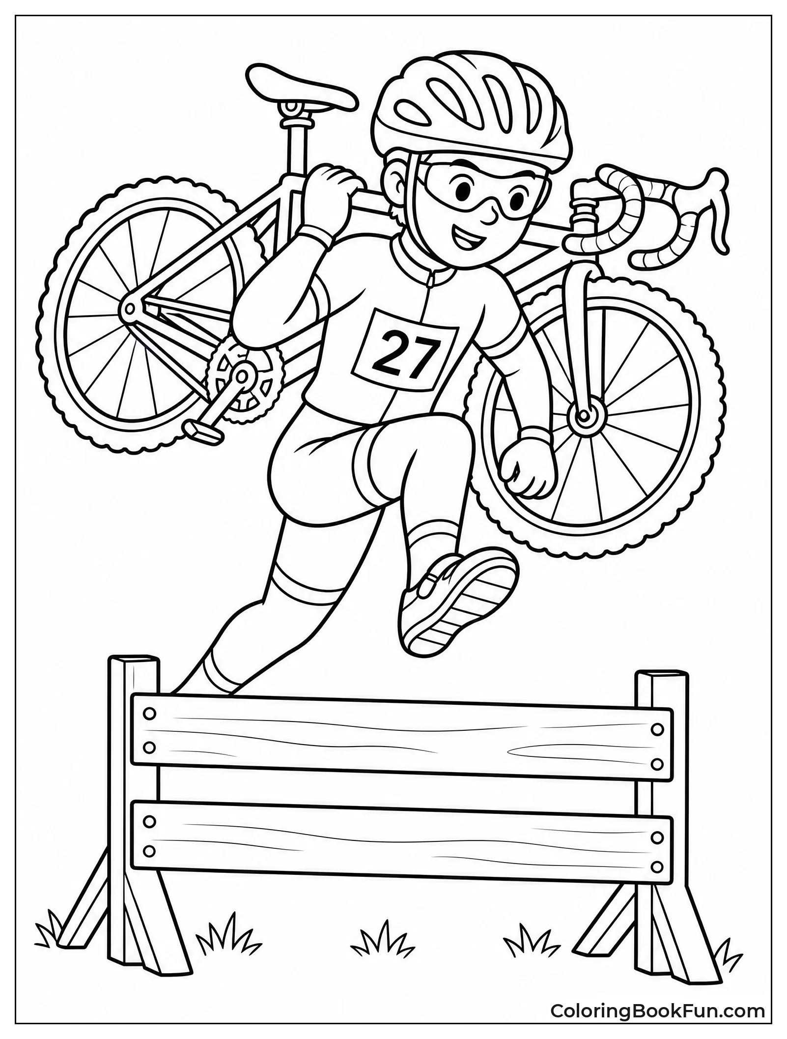 Racer Carrying Bike Over Hurdle