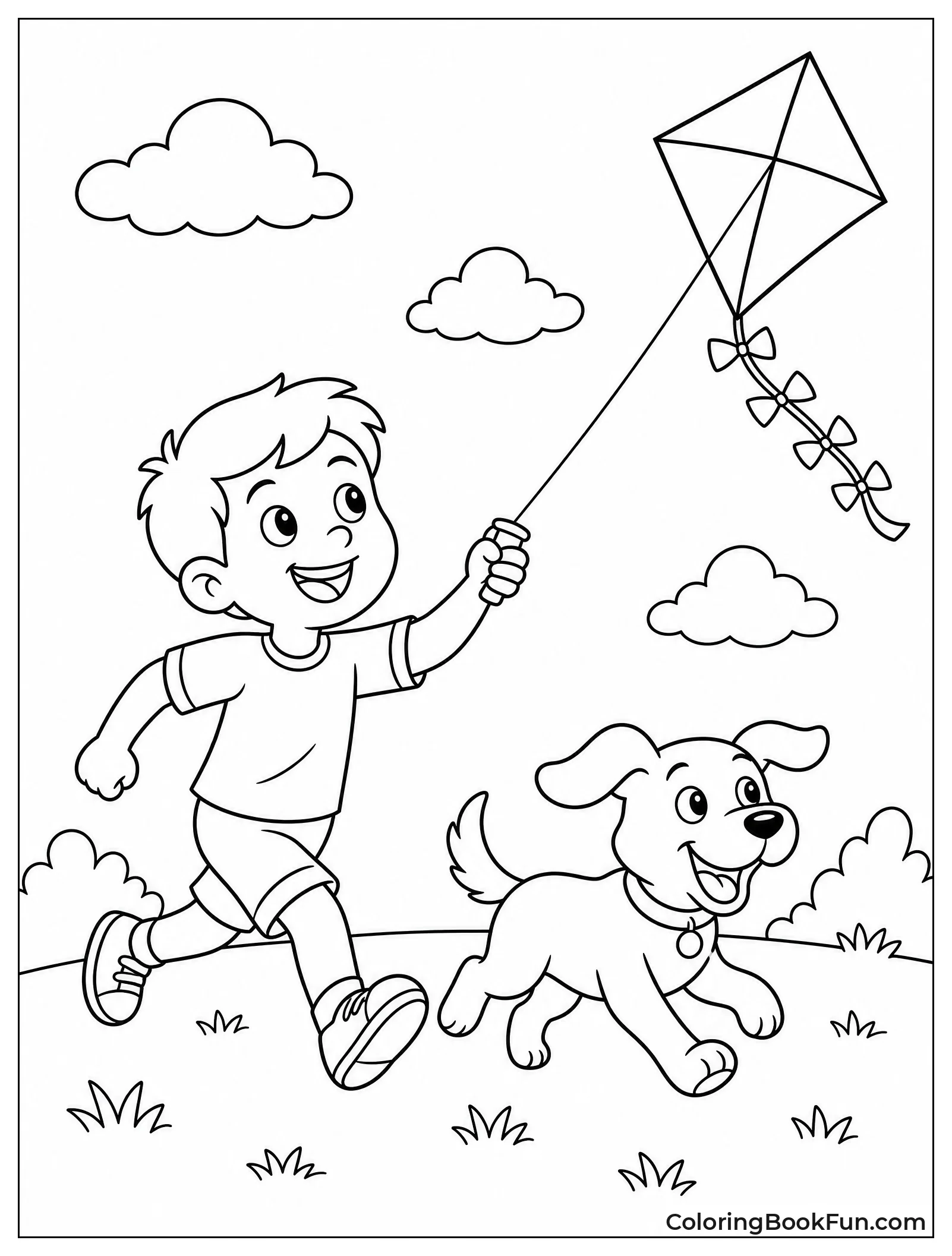 Boy and Dog Run with Kite