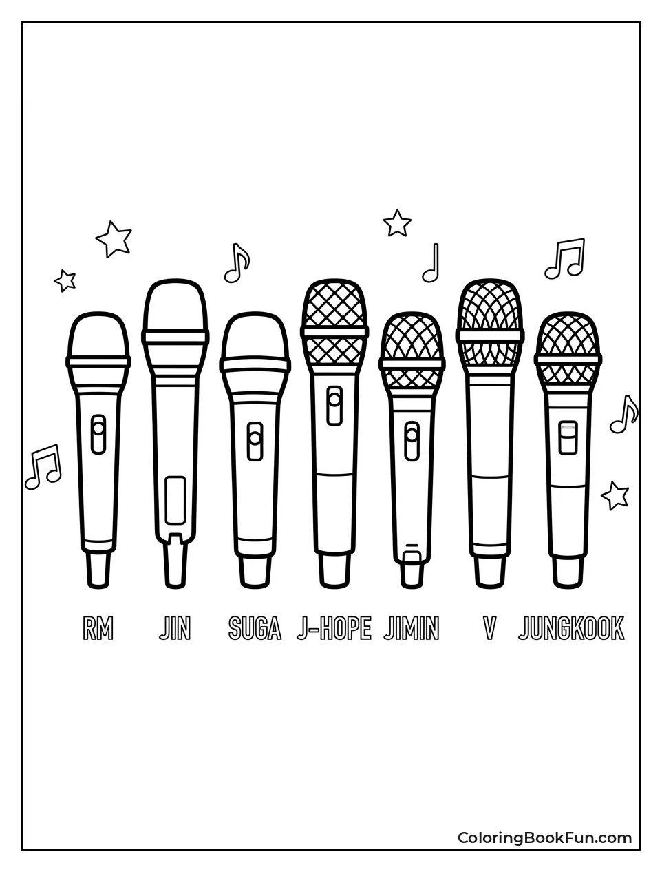 Seven Colorful Microphones in Row