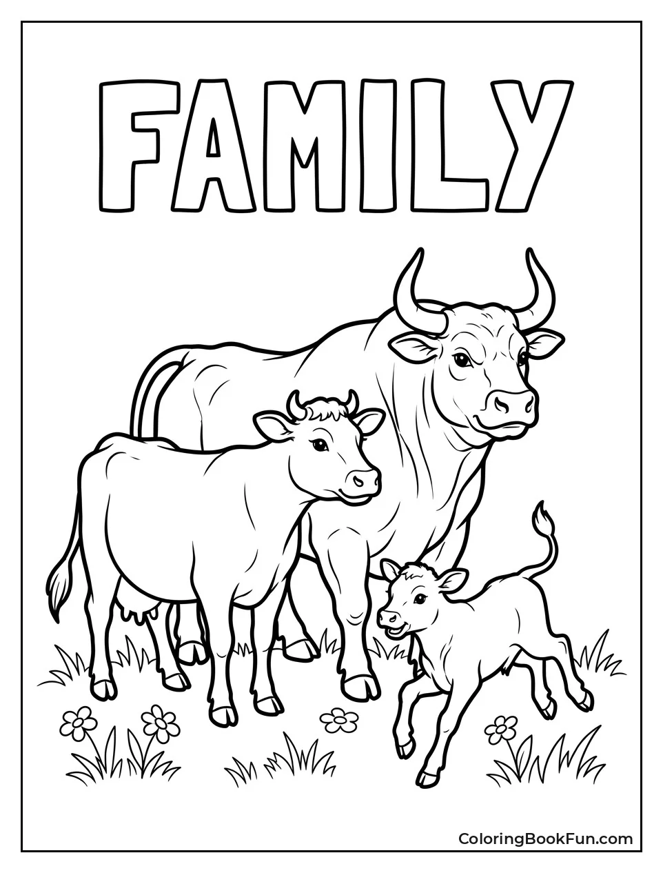 Bull Family Standing in Meadow