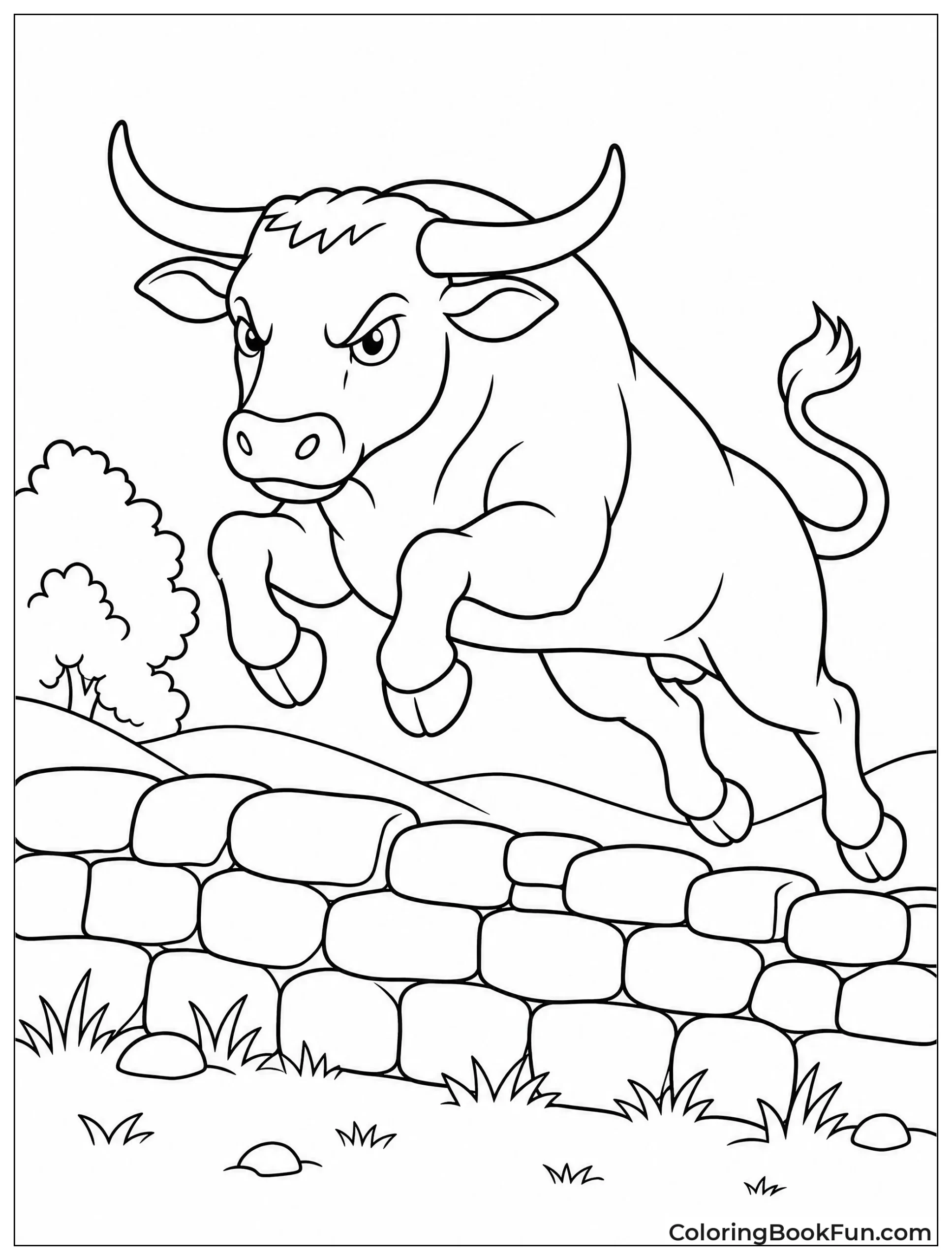 Bull Leaping Over Stone Wall
