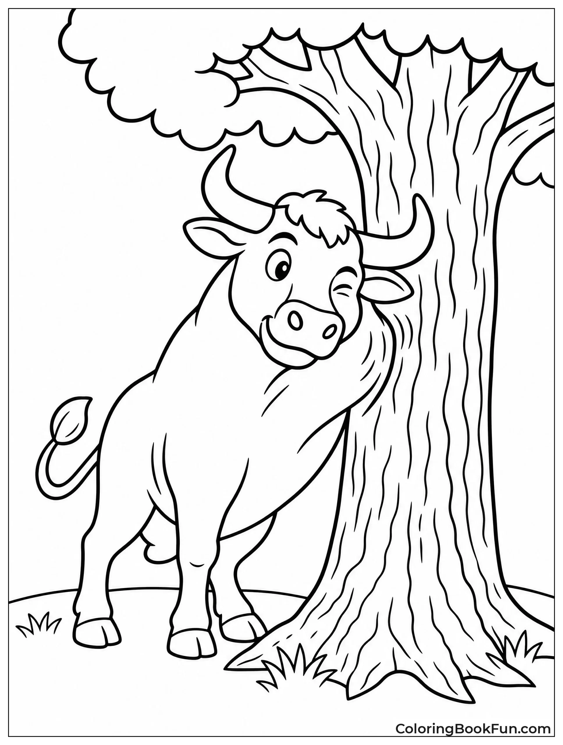 Bull Scratching Back on Tree