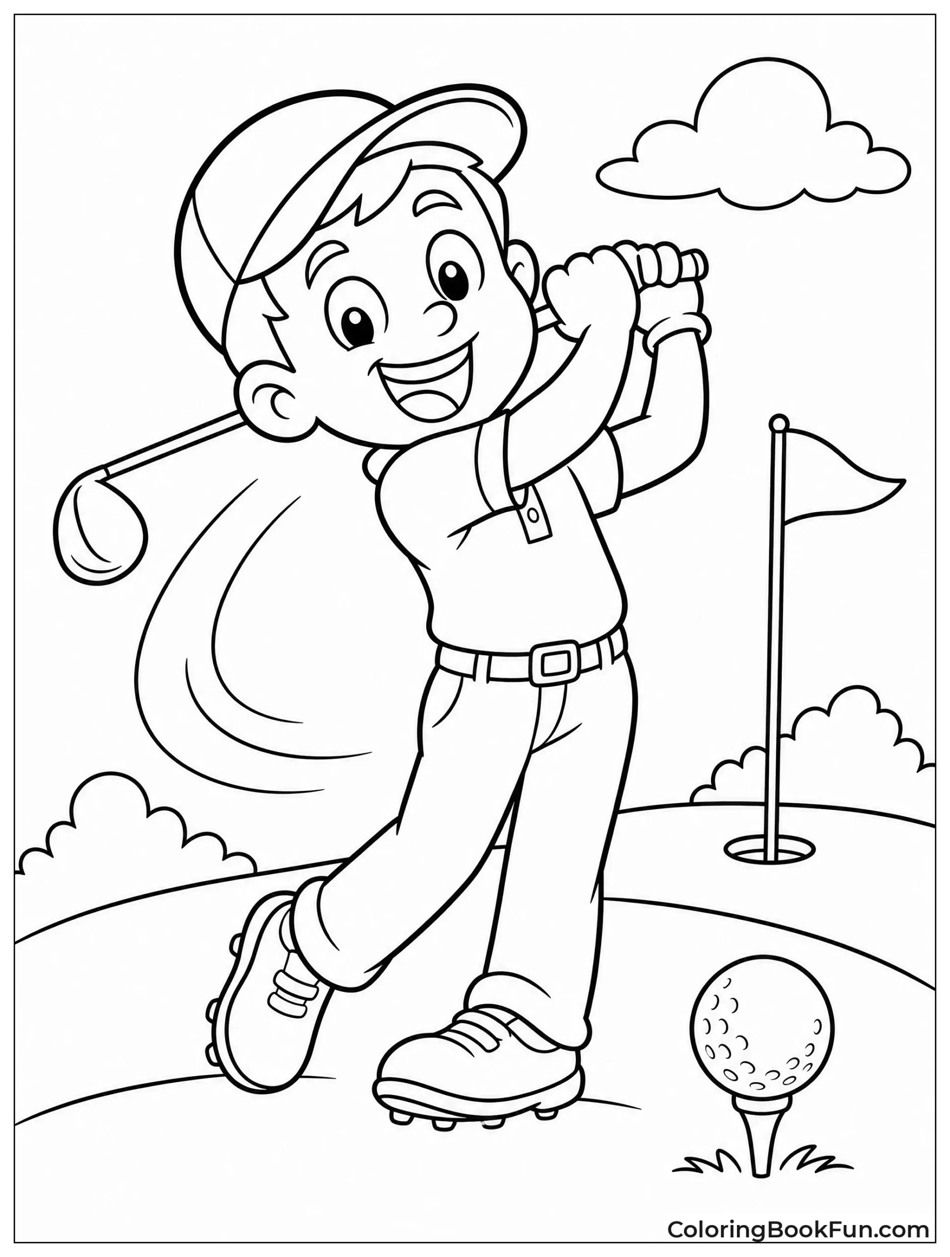 Cartoon Golfer Takes a Big Swing