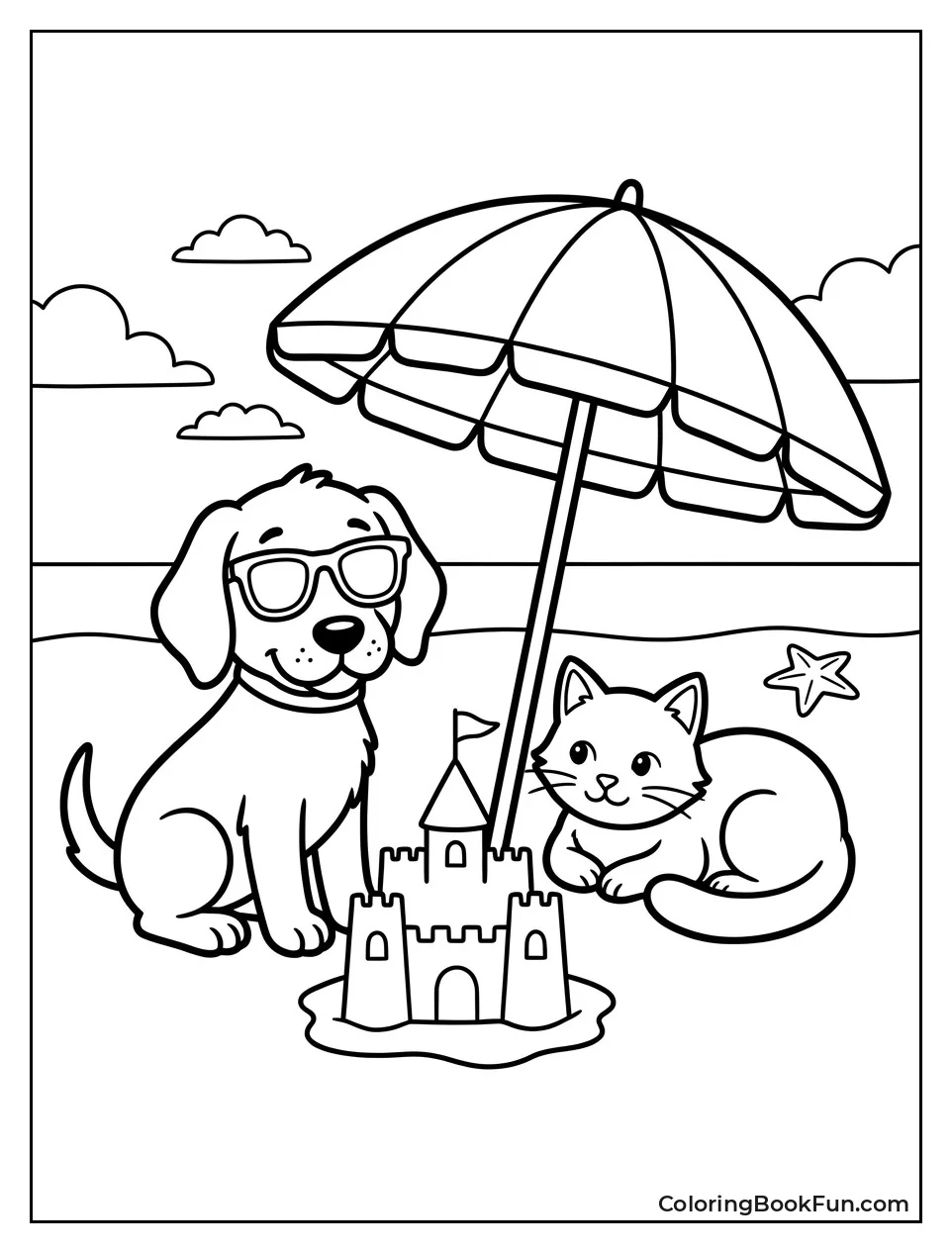 Dog and Cat at Beach with Sandcastle
