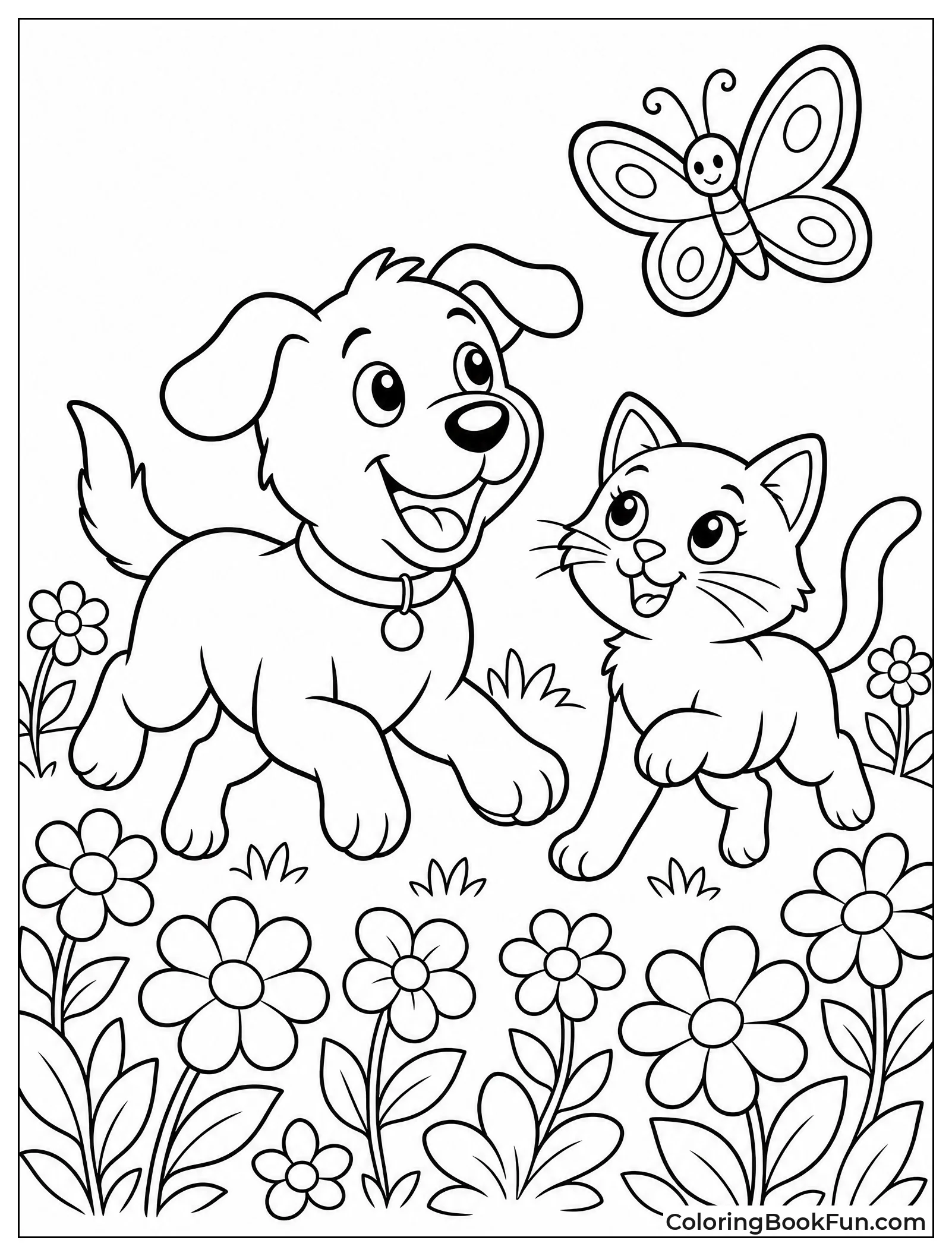 Dog and Cat Chasing Butterflies