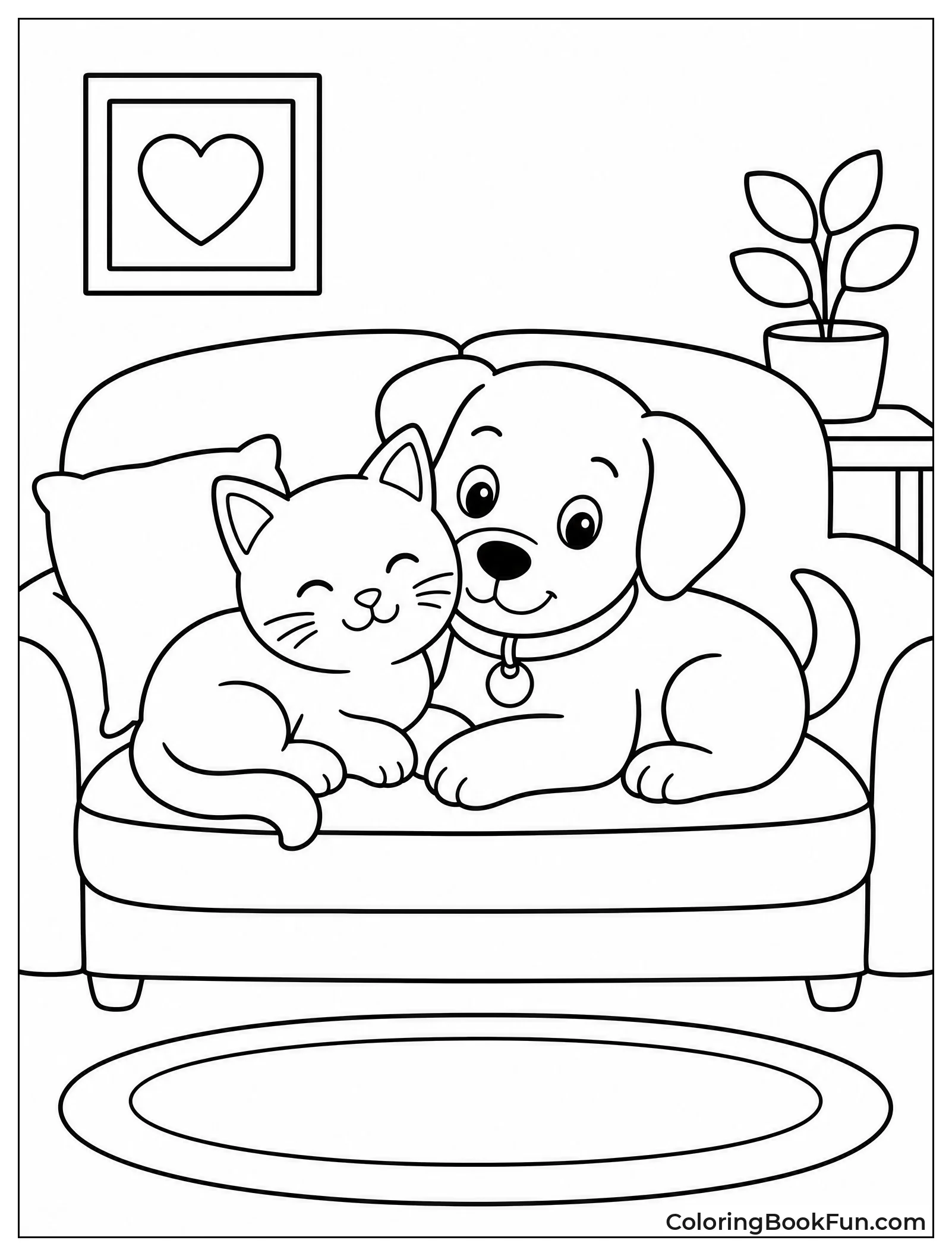 Cat and Dog Cuddling on Couch
