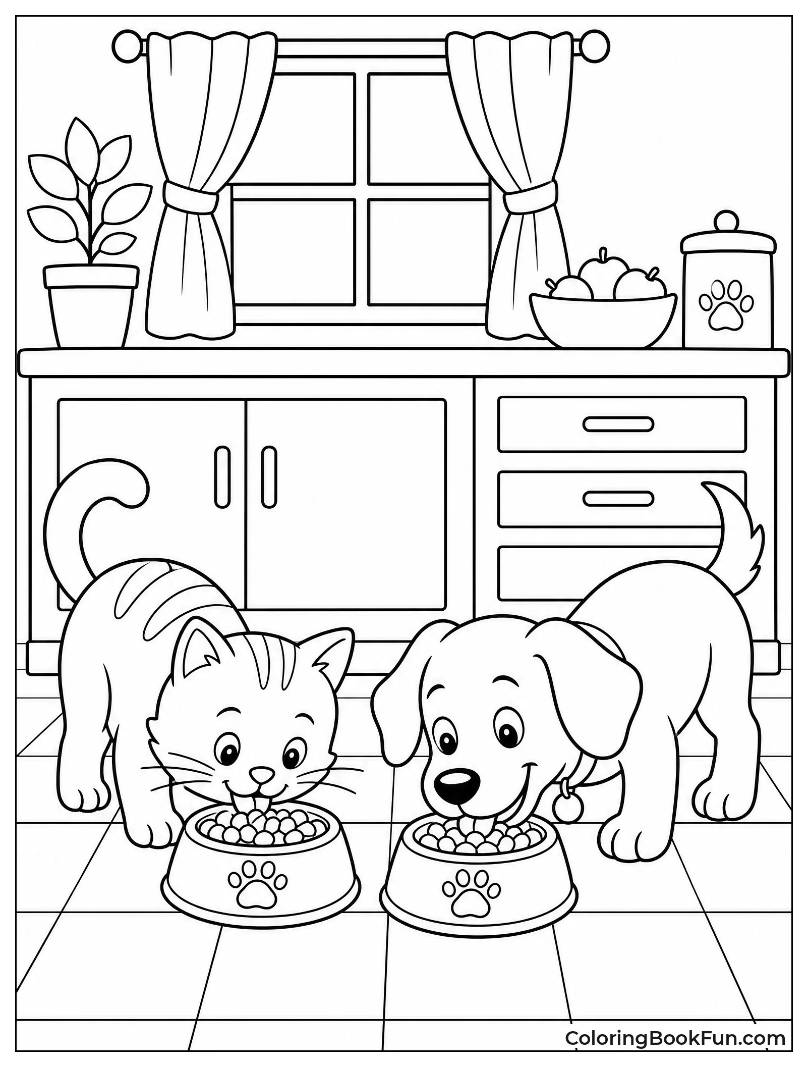 Pets Eating from Food Bowls