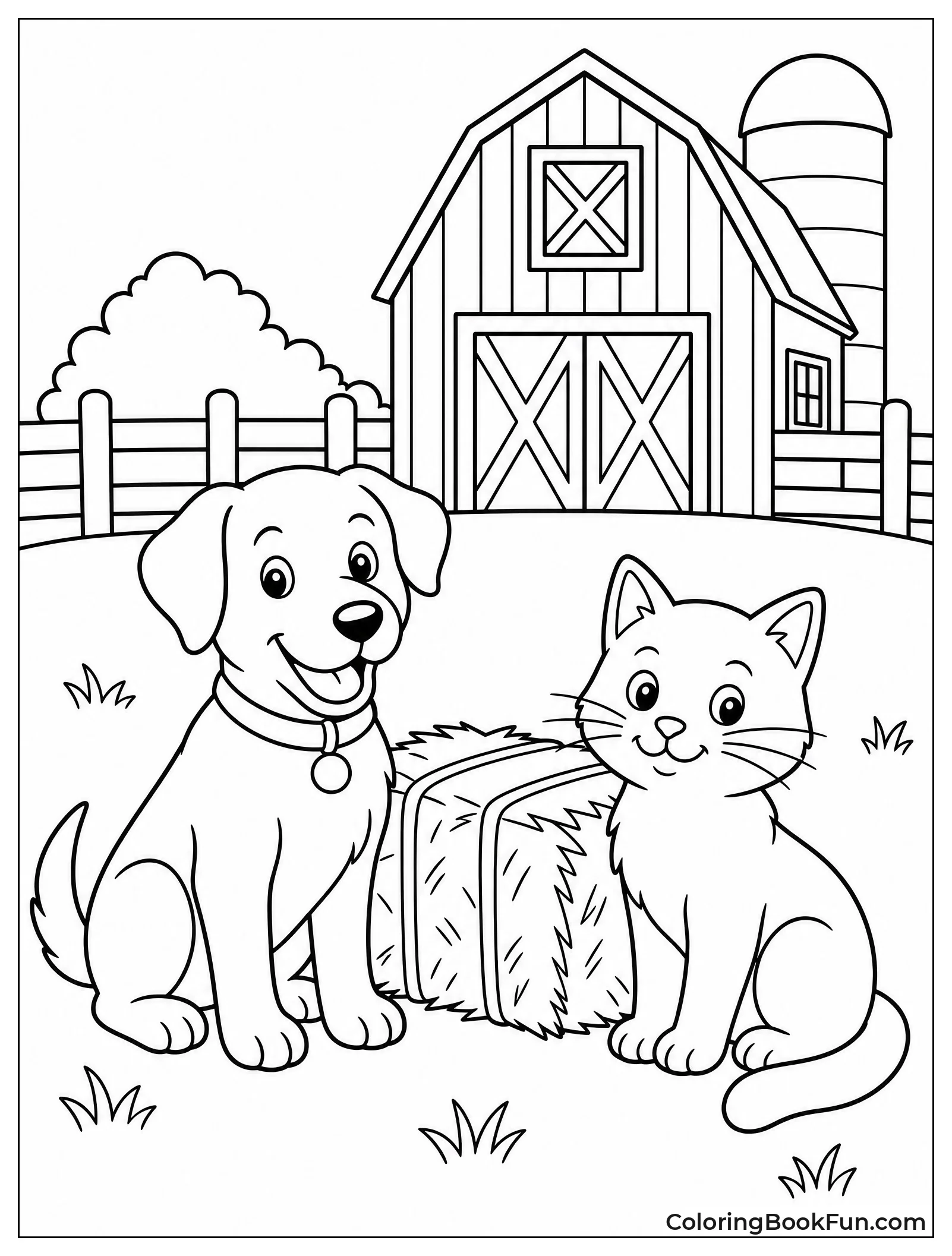 Farm Dog and Barn Cat near Hay