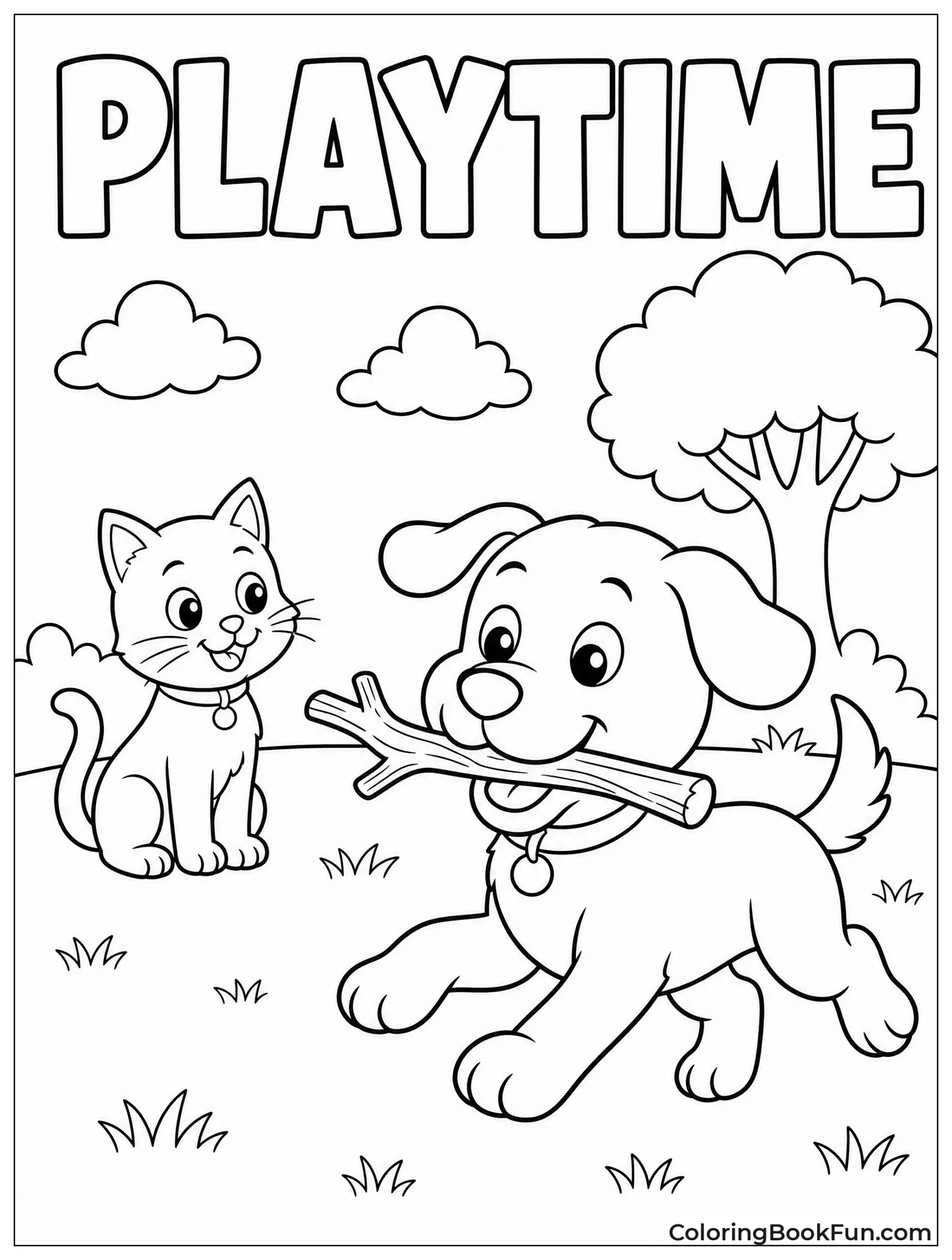 Dog Fetching Stick with Cat Watching