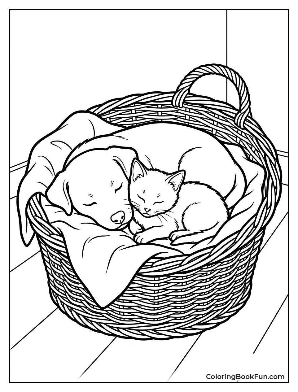 Puppy and Kitten Sleeping in Basket