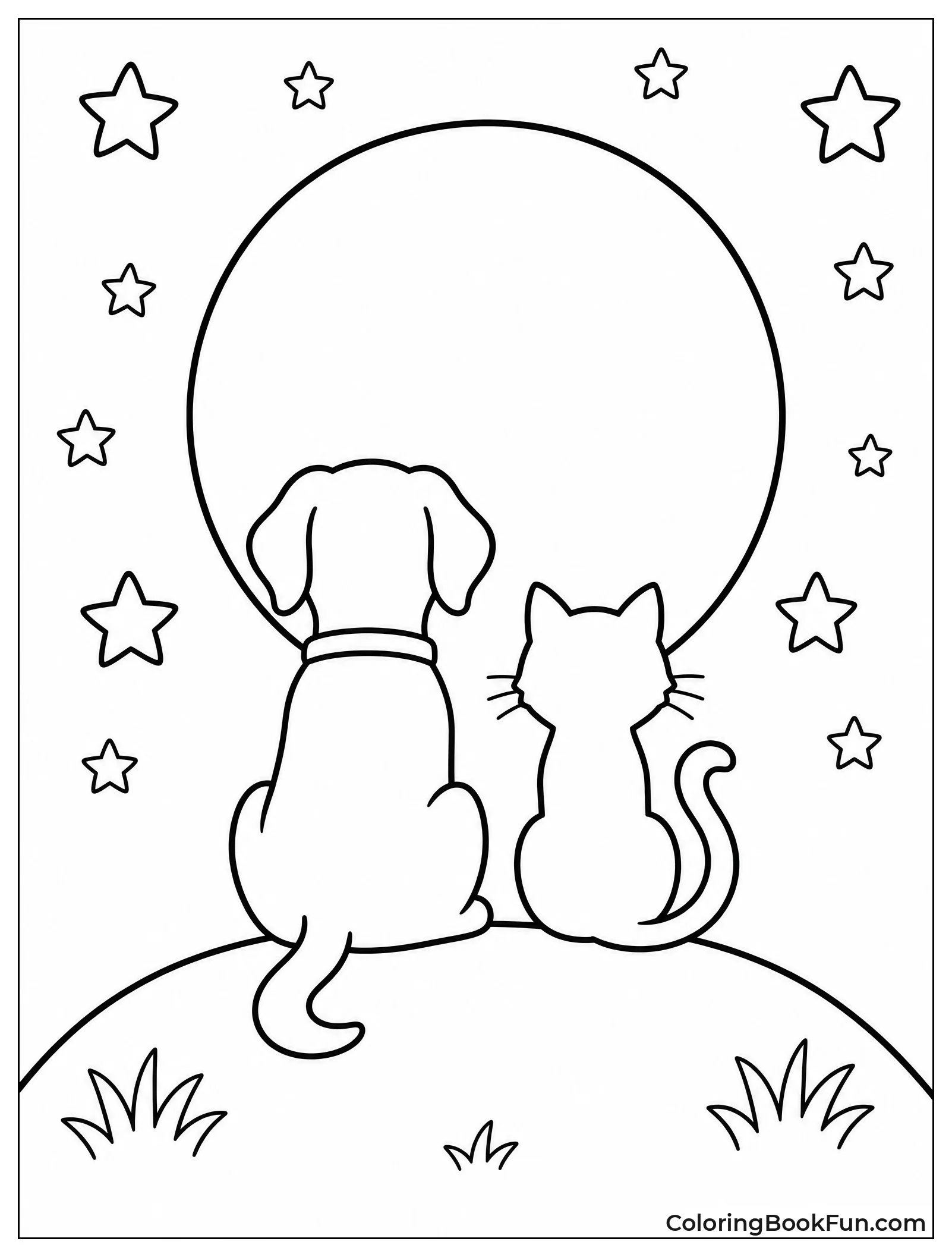 Dog and Cat Silhouettes under Moon