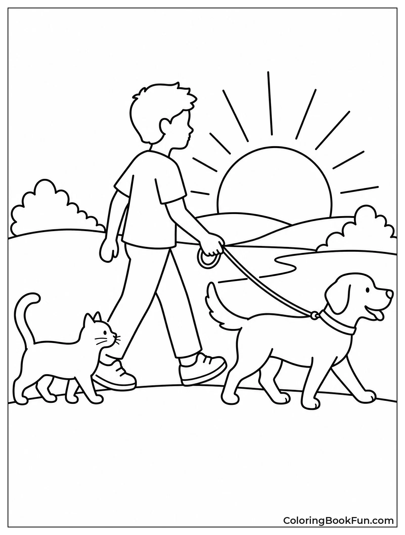 Person Walking Dog and Cat at Sunset