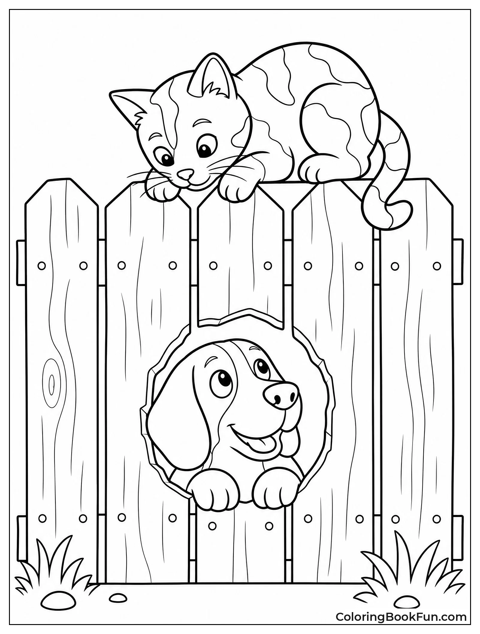 Beagle Peeking Through Fence at Cat