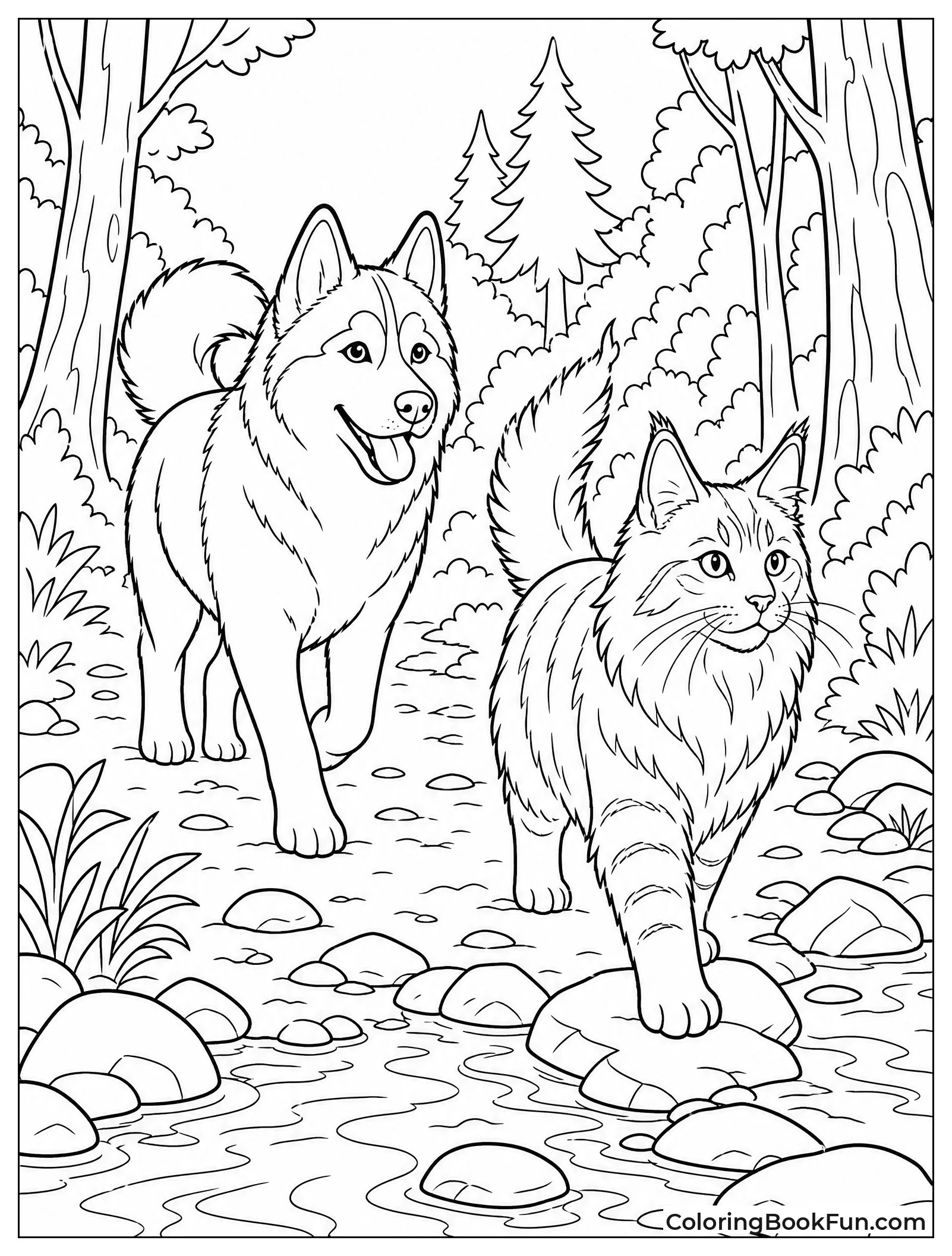 Husky and Maine Coon in Forest