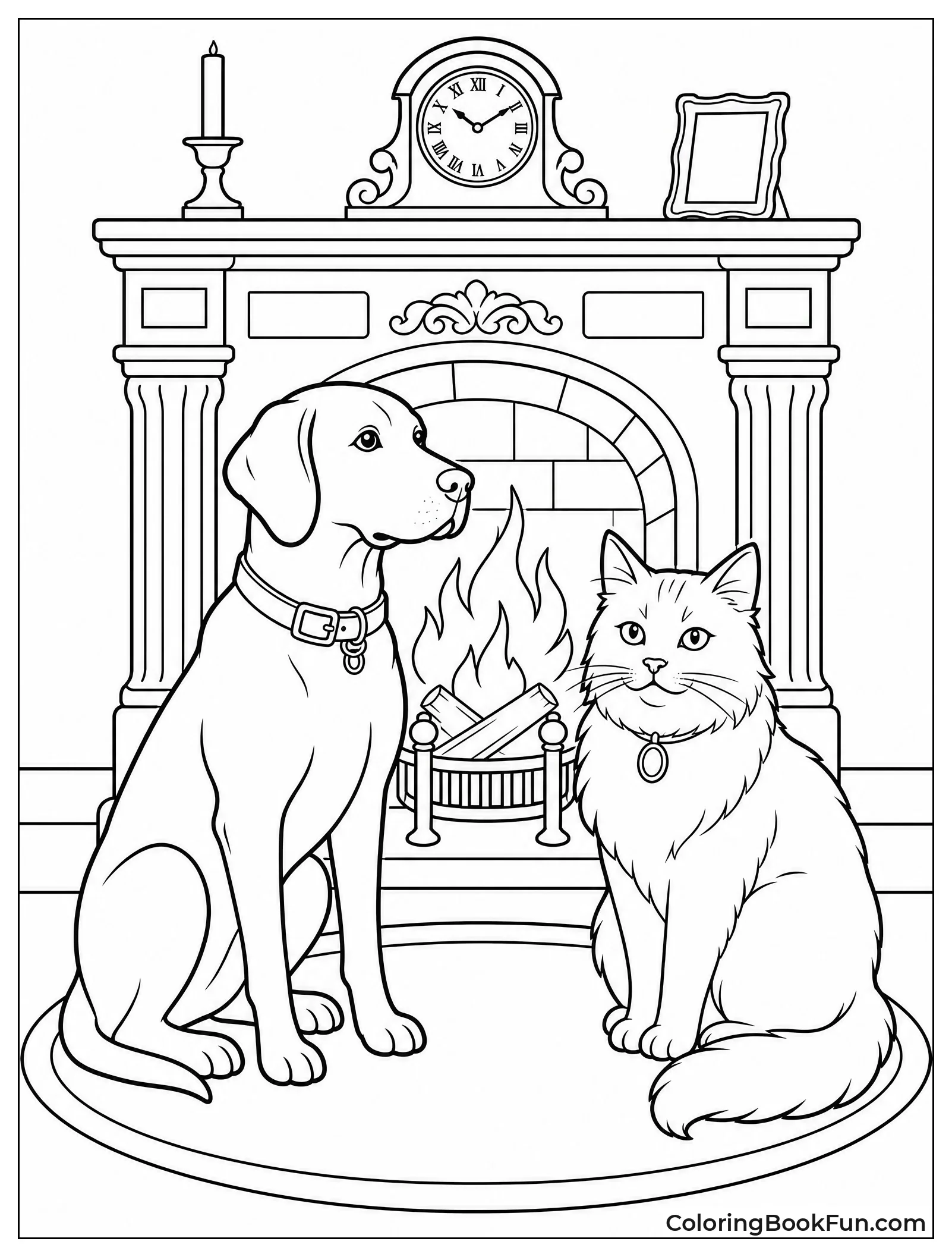 Victorian Dog and Cat by Fireplace
