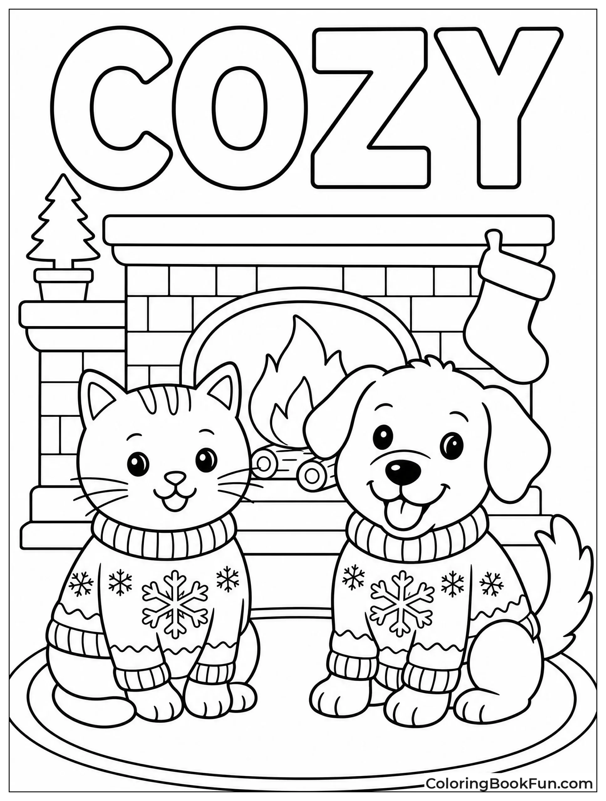 Pets in Sweaters by Fireplace