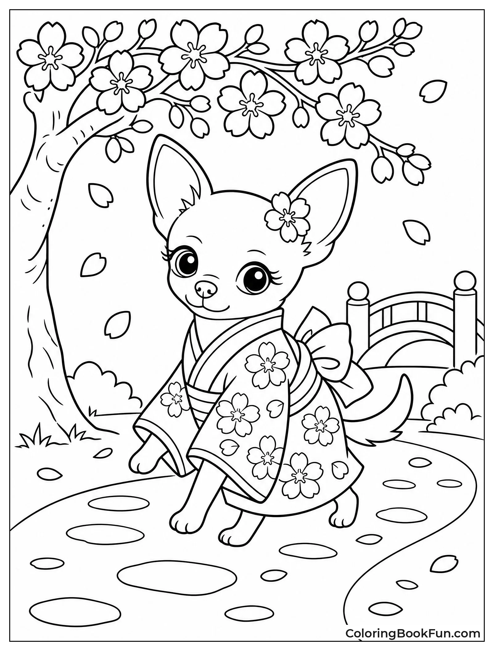 Chihuahua in Kimono under Blossoms