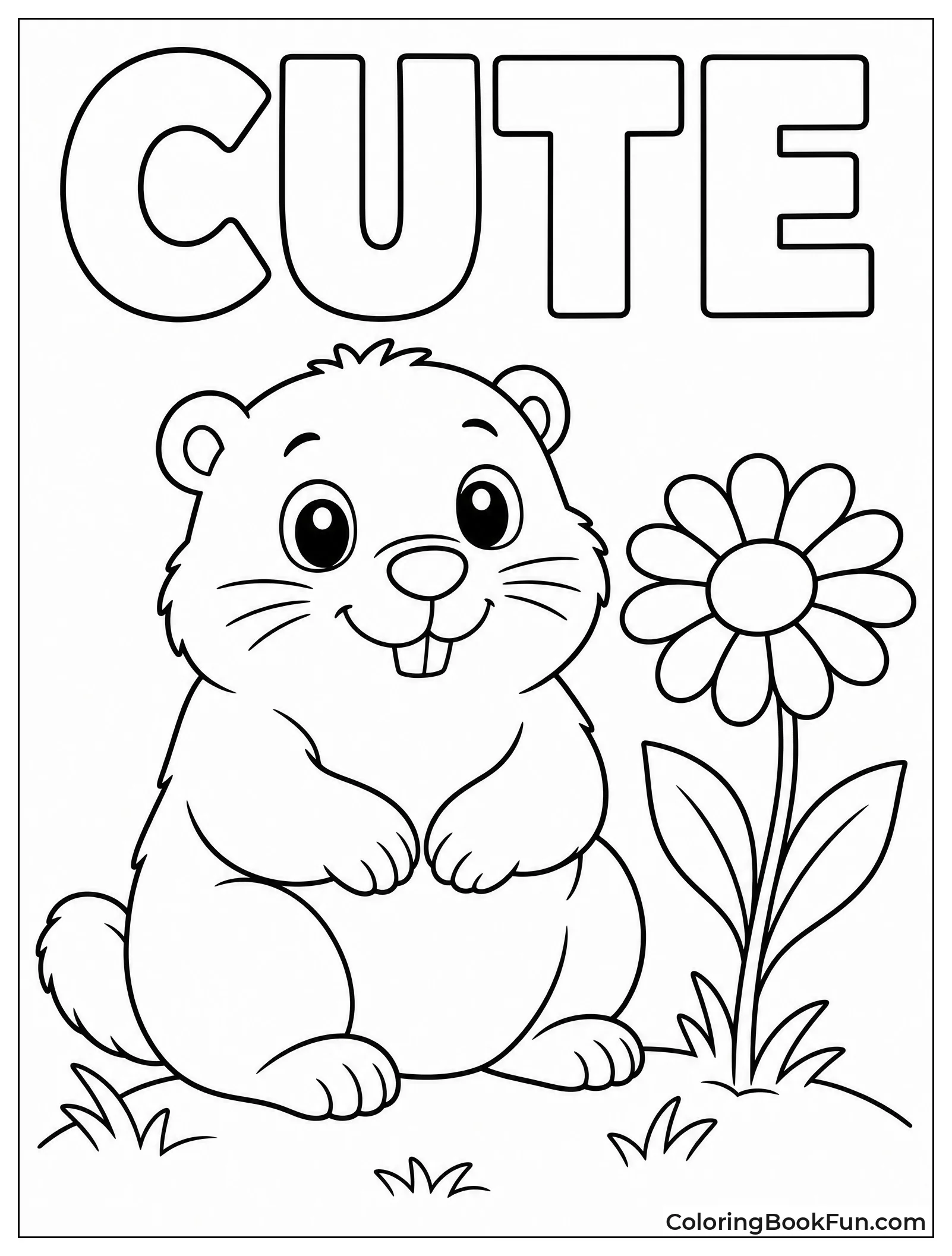 Chubby Kawaii Groundhog Sitting by Daisy